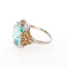 Art Deco Tri Tone Ring - Vintage 10k White Yellow Rose Gold Teal Blue Glass Filigree Statement - Circa 1930s Era Size 7 Flower Fine Jewelry