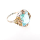 Art Deco Tri Tone Ring - Vintage 10k White Yellow Rose Gold Teal Blue Glass Filigree Statement - Circa 1930s Era Size 7 Flower Fine Jewelry