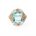 Art Deco Tri Tone Ring - Vintage 10k White Yellow Rose Gold Teal Blue Glass Filigree Statement - Circa 1930s Era Size 7 Flower Fine Jewelry