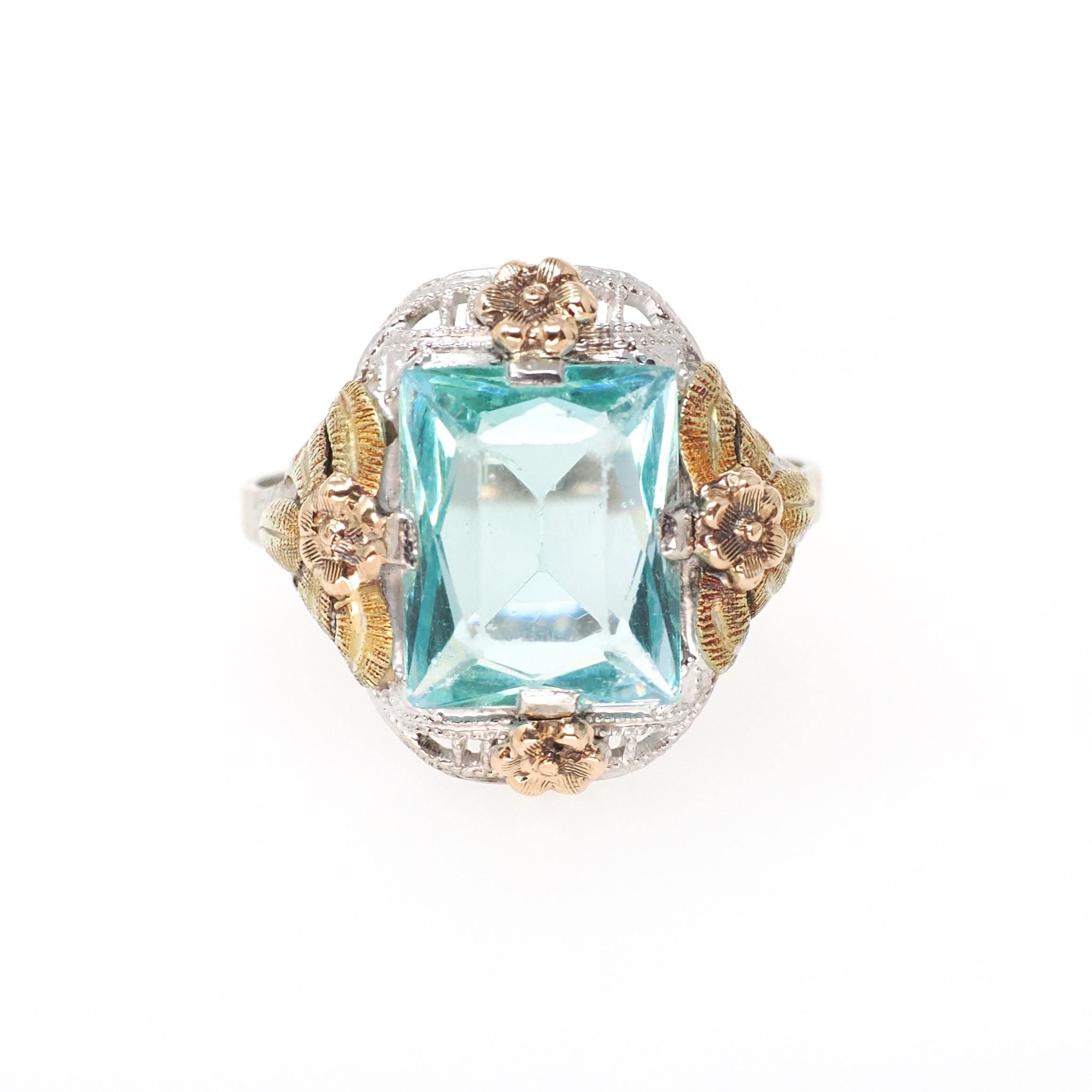 Art Deco Tri Tone Ring - Vintage 10k White Yellow Rose Gold Teal Blue Glass Filigree Statement - Circa 1930s Era Size 7 Flower Fine Jewelry