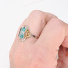 Art Deco Tri Tone Ring - Vintage 10k White Yellow Rose Gold Teal Blue Glass Filigree Statement - Circa 1930s Era Size 7 Flower Fine Jewelry