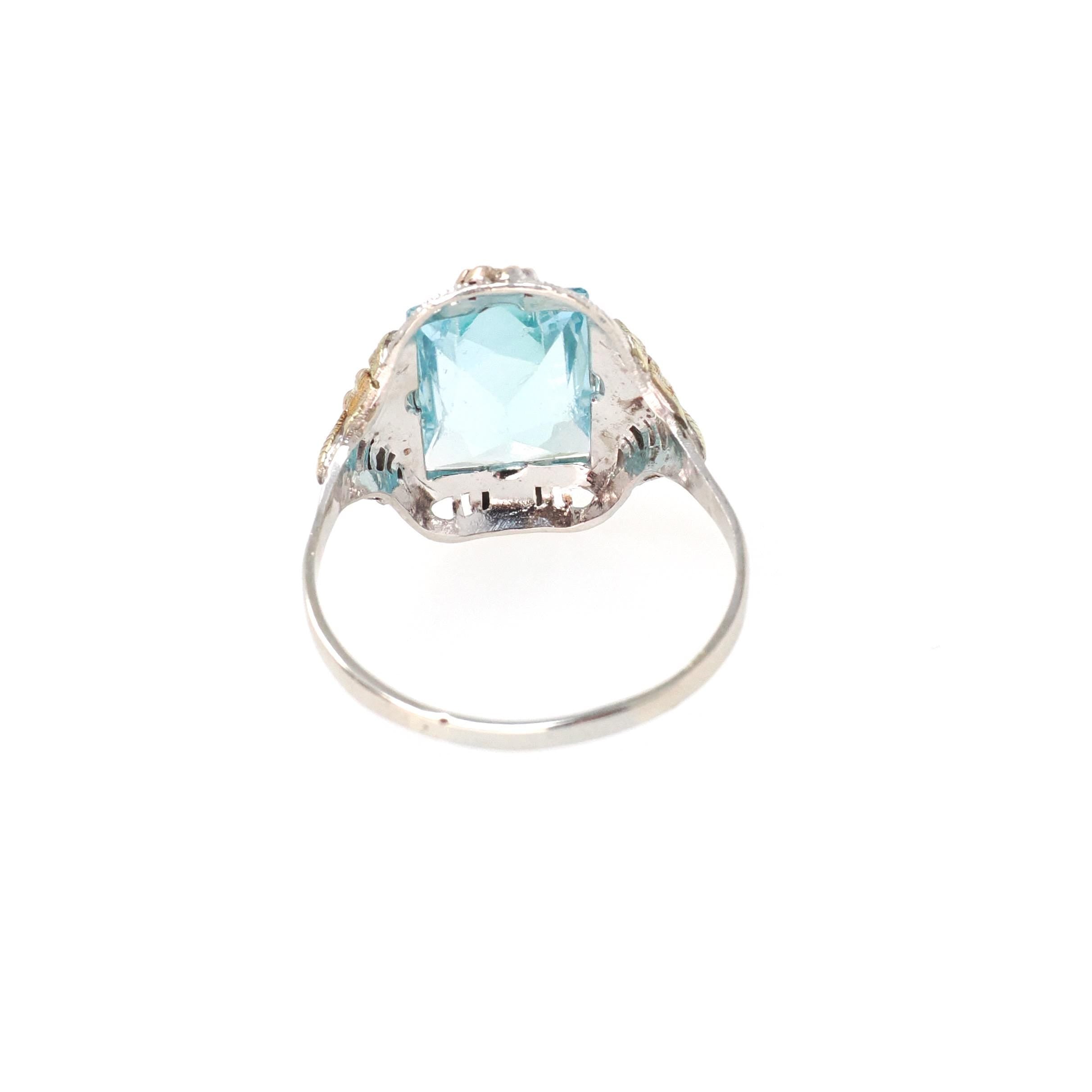 Art Deco Tri Tone Ring - Vintage 10k White Yellow Rose Gold Teal Blue Glass Filigree Statement - Circa 1930s Era Size 7 Flower Fine Jewelry