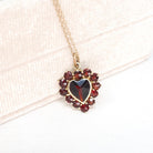 Garnet Heart Necklace - Vintage 10k Yellow Gold Red Gemstone Cluster Halo Pendant - Mid Century Circa 1940s January Birthstone Fine Jewelry