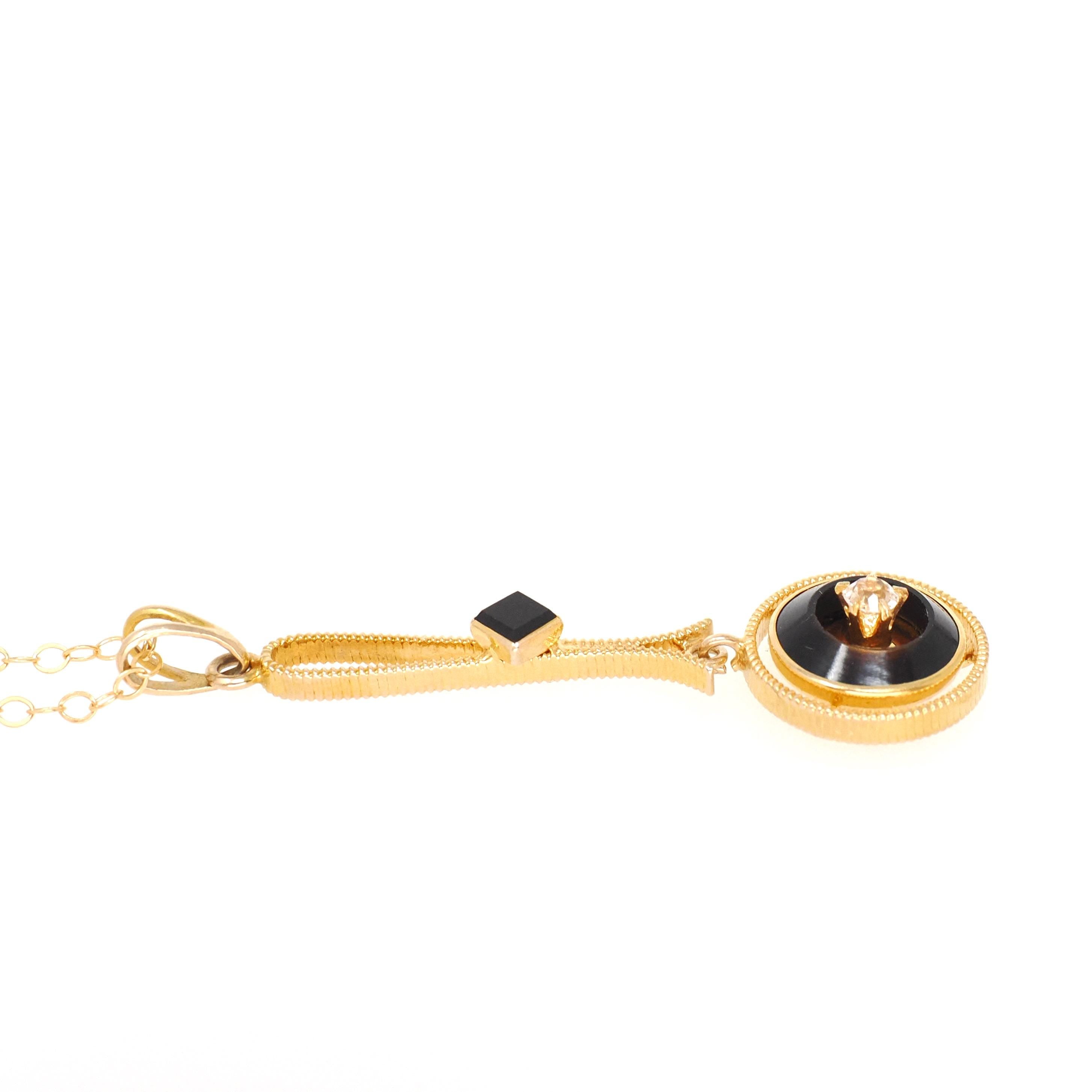 Antique Lavalier Necklace - Edwardian 10k Yellow Gold Created White Sapphire & Dark Sard Pendant - Circa 1910s Era Fine Statement Jewelry