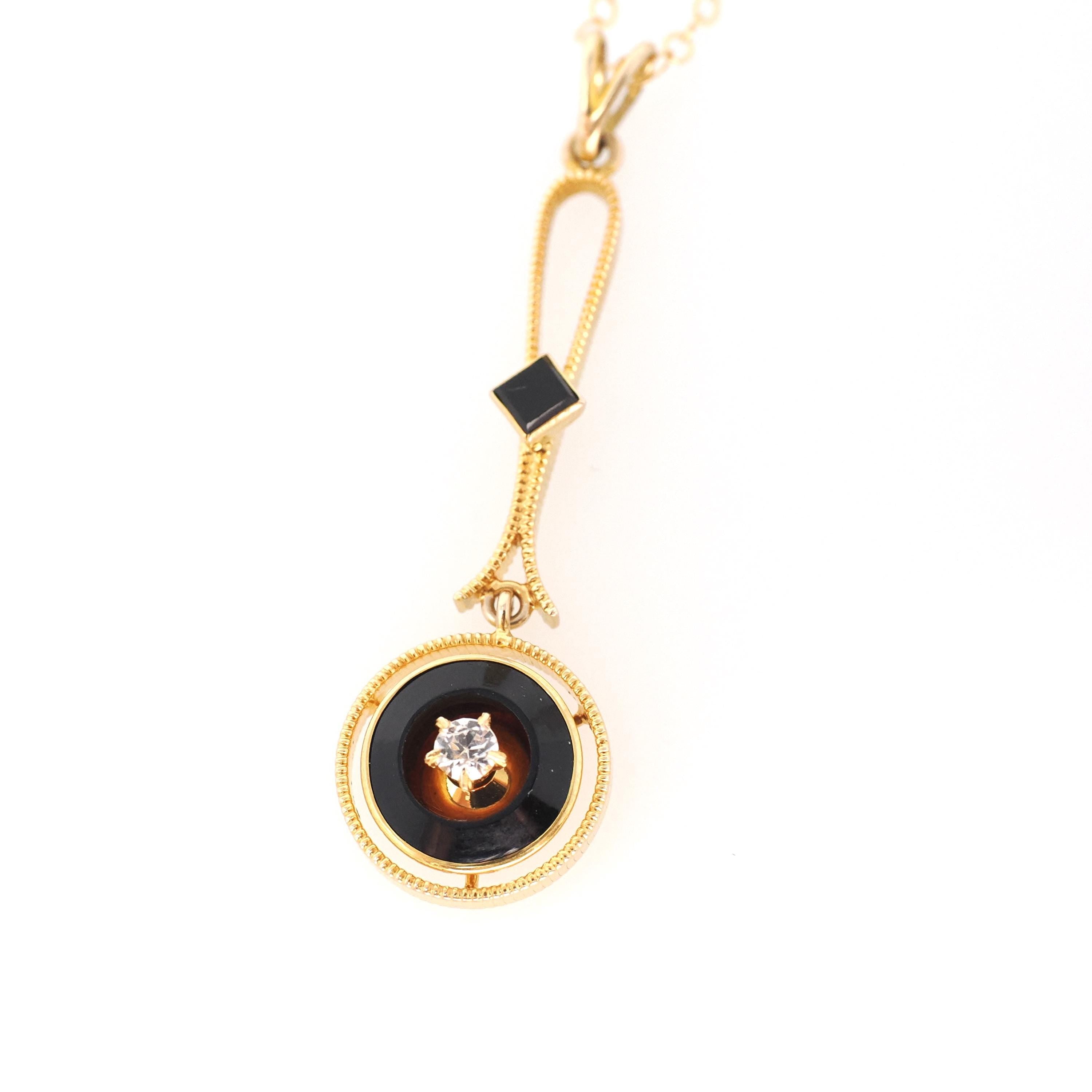 Antique Lavalier Necklace - Edwardian 10k Yellow Gold Created White Sapphire & Dark Sard Pendant - Circa 1910s Era Fine Statement Jewelry