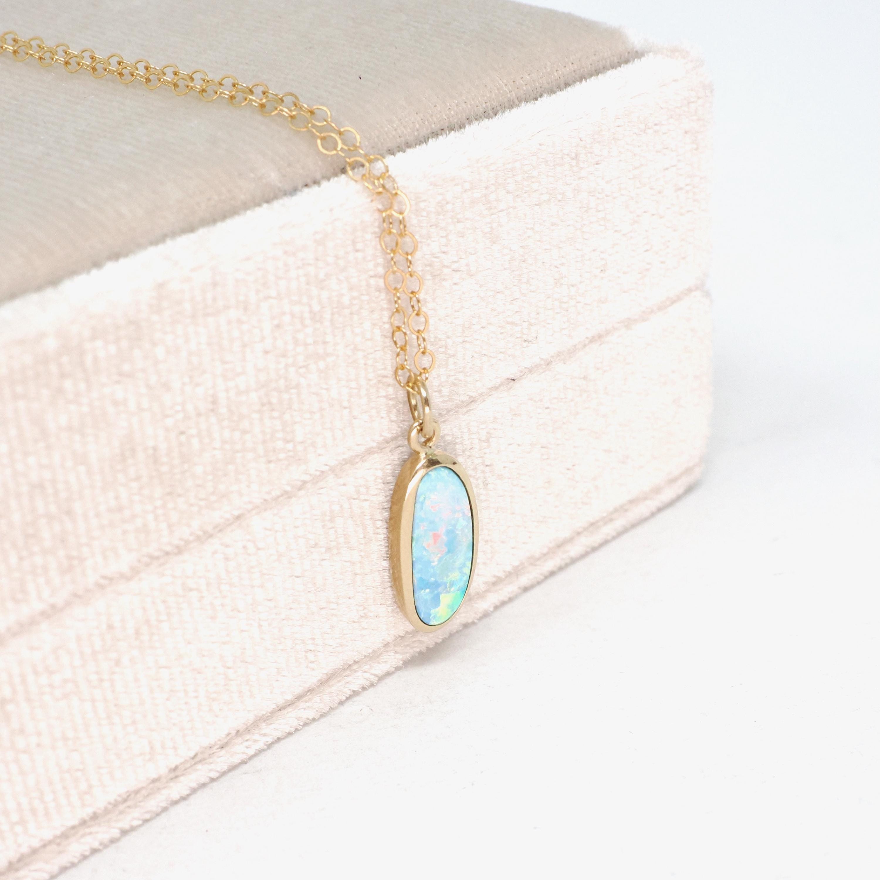 Modern Opal Pendant Necklace - Estate 14k Yellow Gold Iridescent Gemstone Bezel Charm - Circa 2000's Era October Birthstone Fine Jewelry