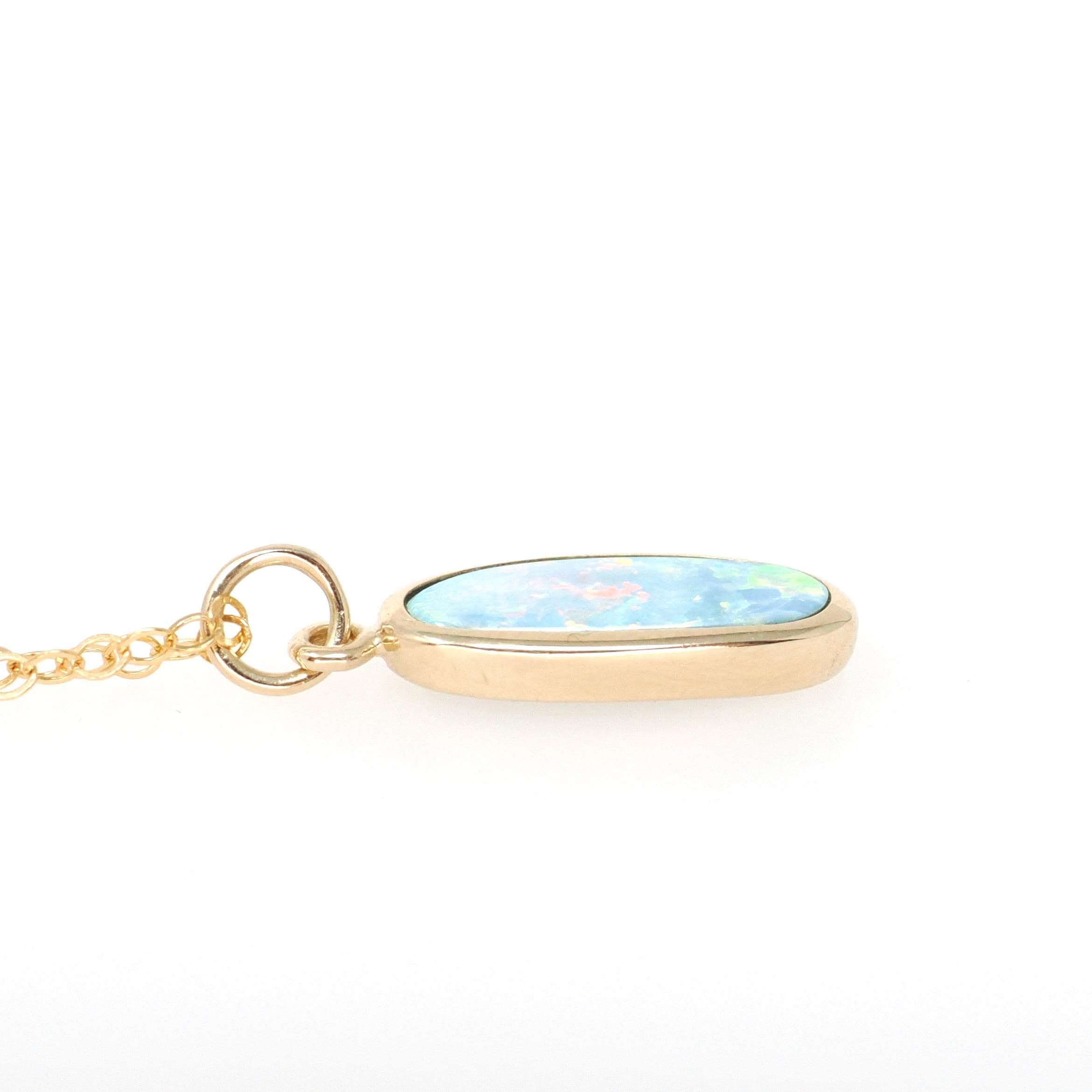 Modern Opal Pendant Necklace - Estate 14k Yellow Gold Iridescent Gemstone Bezel Charm - Circa 2000's Era October Birthstone Fine Jewelry