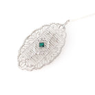 Art Deco Pendant Necklace - Antique 10k White Gold Simulated Emerald Green Glass Conversion - Circa 1920s Statement Filigree Fine Jewelry