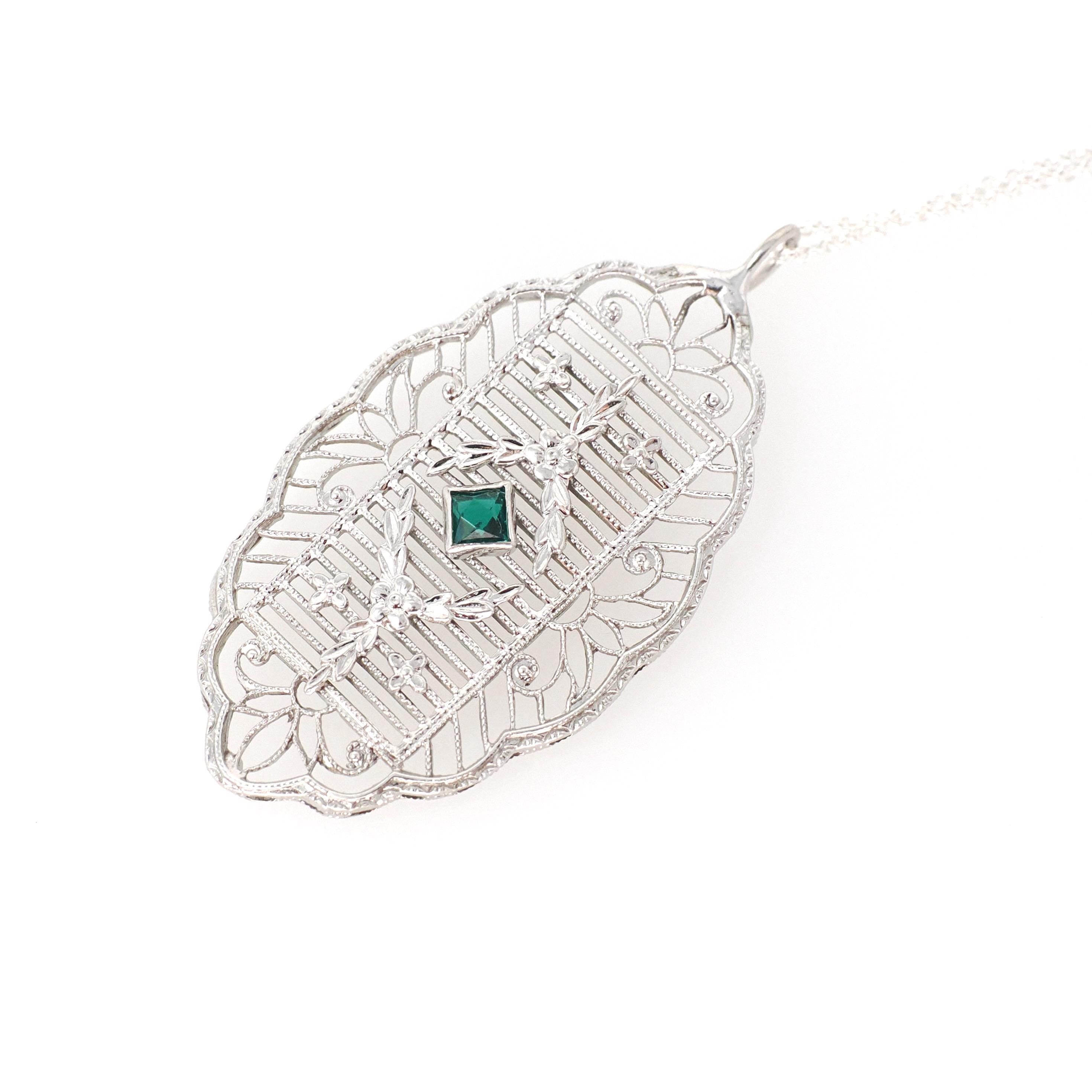 Art Deco Pendant Necklace - Antique 10k White Gold Simulated Emerald Green Glass Conversion - Circa 1920s Statement Filigree Fine Jewelry