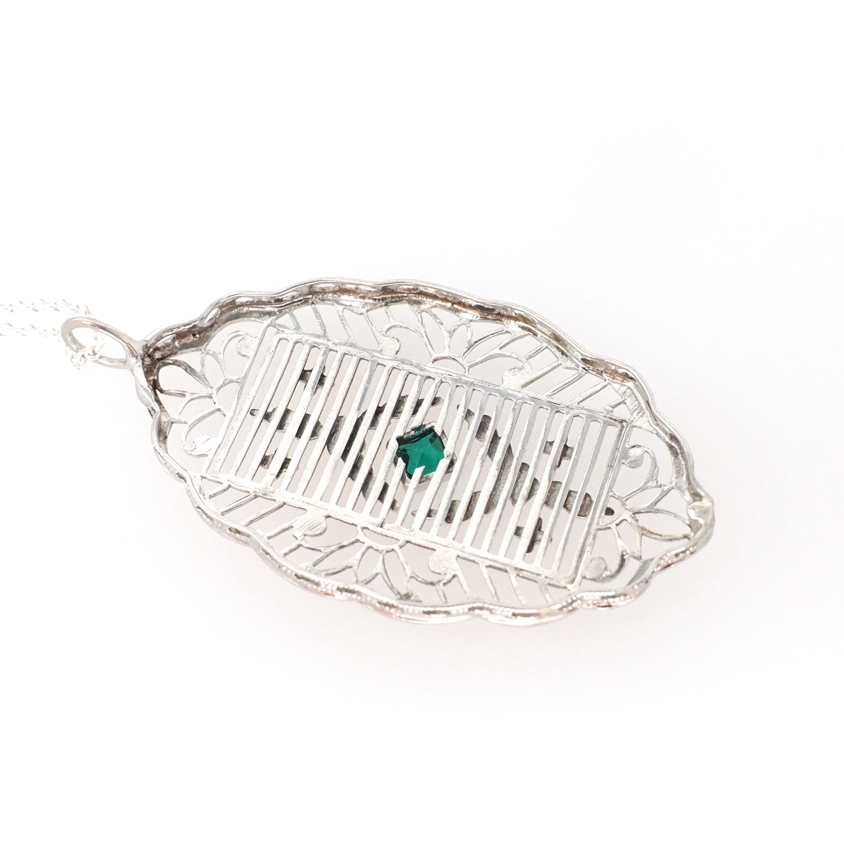 Art Deco Pendant Necklace - Antique 10k White Gold Simulated Emerald Green Glass Conversion - Circa 1920s Statement Filigree Fine Jewelry
