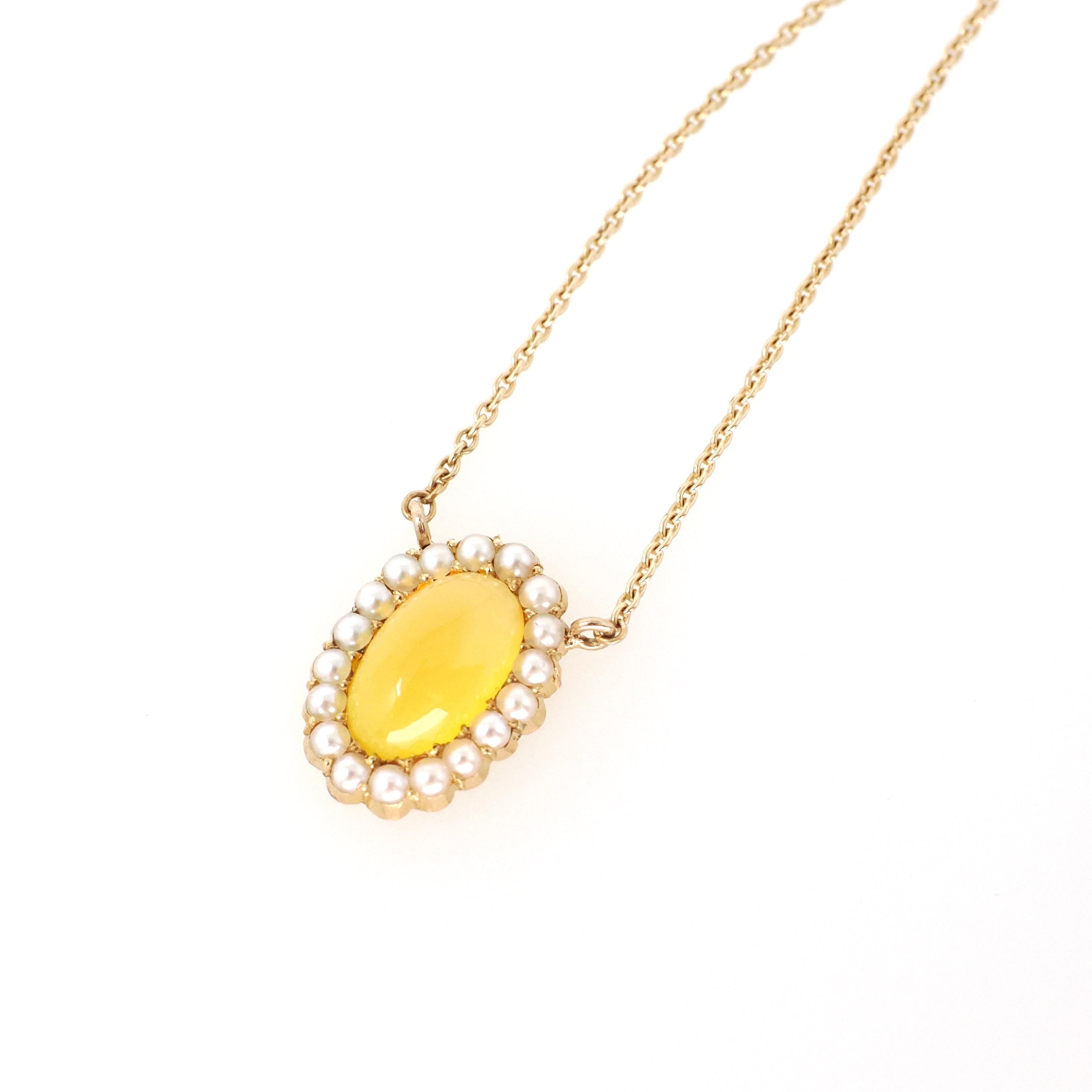 Edwardian Era Necklace - Antique 9k & 18k Yellow Gold Yellow Glass Cabochon Seed Pearl Halo - Circa 1910s Dainty Fine Conversion Jewelry
