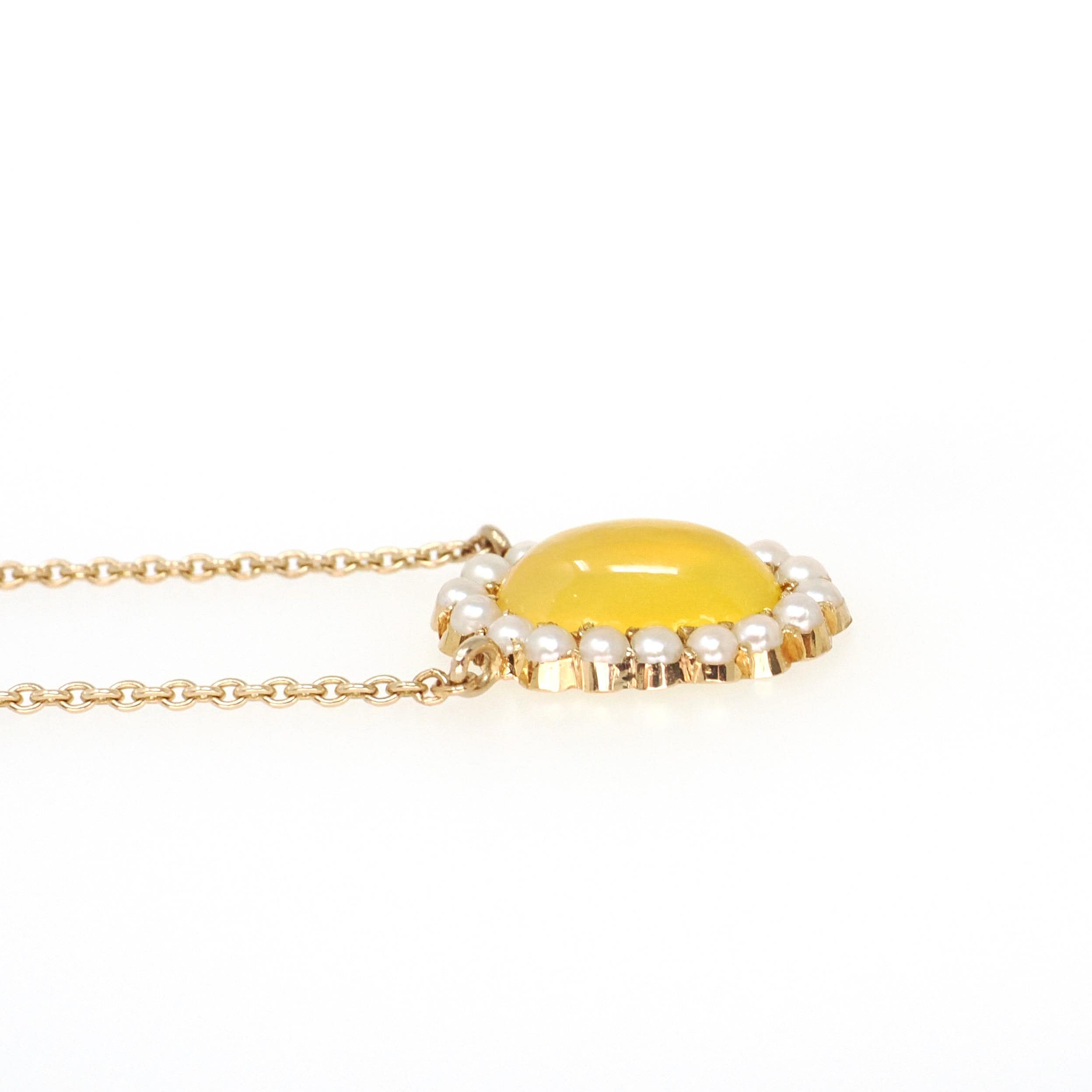 Edwardian Era Necklace - Antique 9k & 18k Yellow Gold Yellow Glass Cabochon Seed Pearl Halo - Circa 1910s Dainty Fine Conversion Jewelry