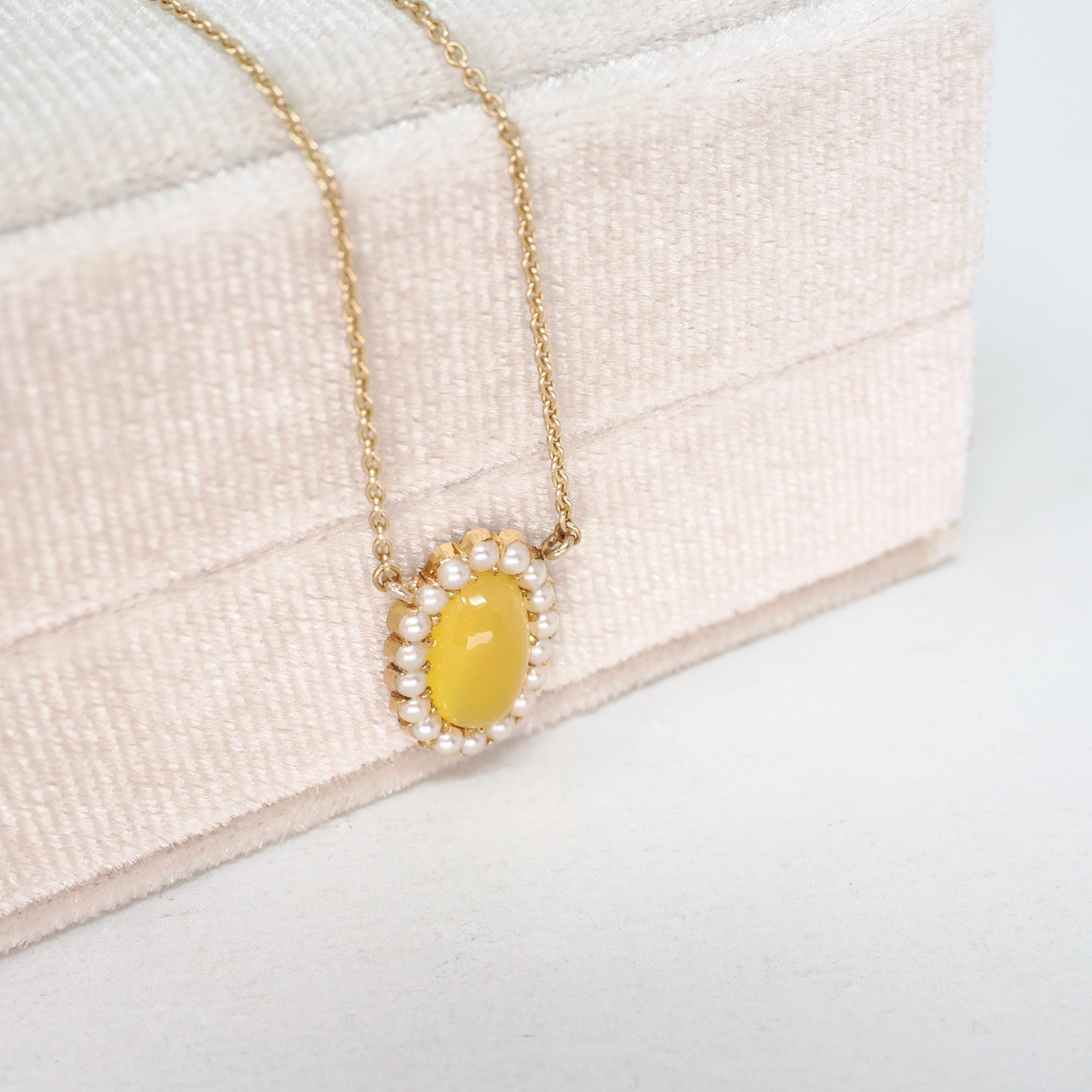 Edwardian Era Necklace - Antique 9k & 18k Yellow Gold Yellow Glass Cabochon Seed Pearl Halo - Circa 1910s Dainty Fine Conversion Jewelry
