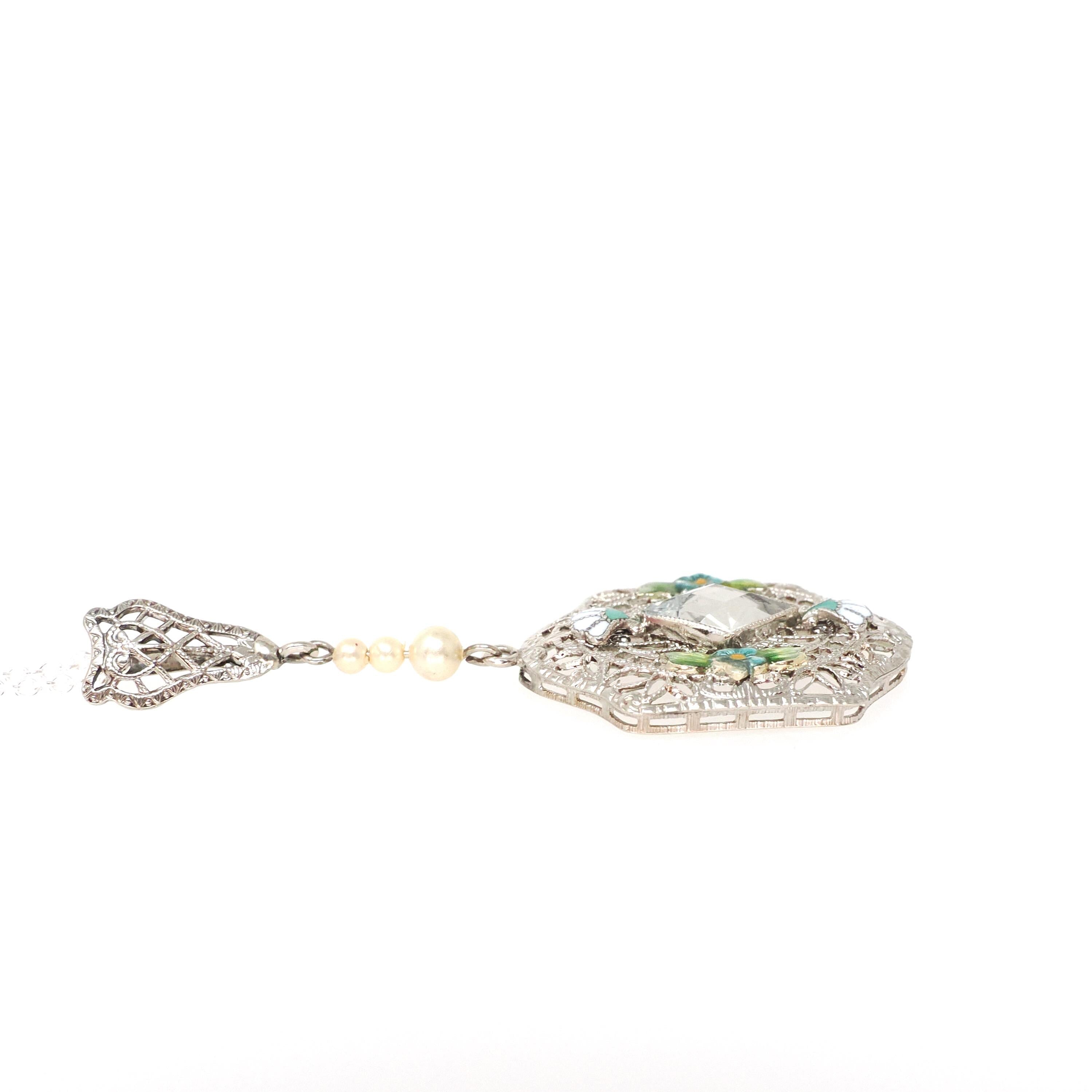 Art Deco Aquamarine Lavalier - Vintage 14k White Gold Filigree Natural Blue Gemstone Flower Enamel Simulated Pearls - Circa 1920s Jewelry