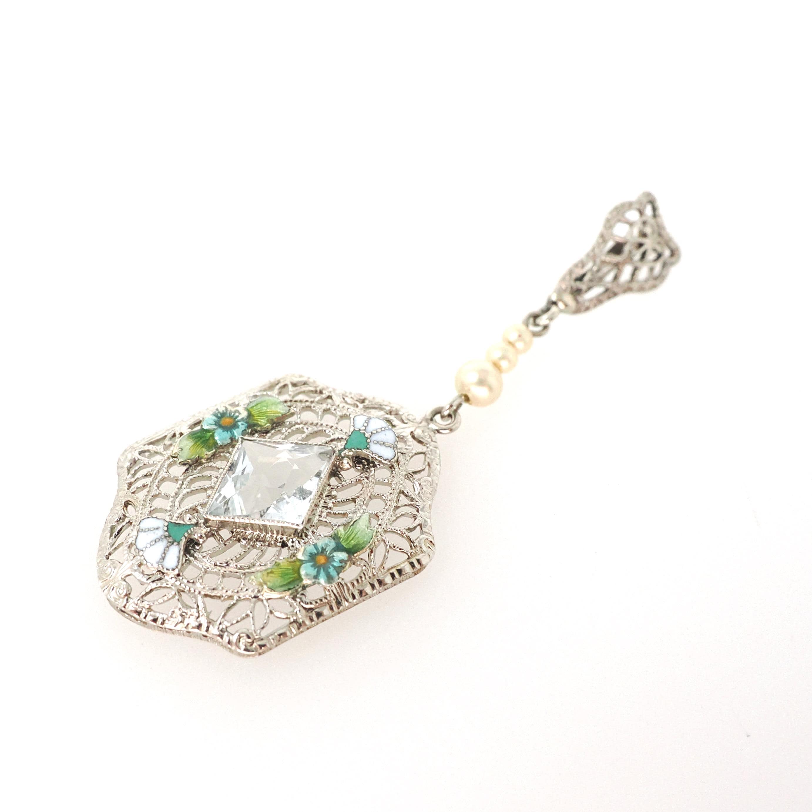 Art Deco Aquamarine Lavalier - Vintage 14k White Gold Filigree Natural Blue Gemstone Flower Enamel Simulated Pearls - Circa 1920s Jewelry