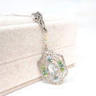 Art Deco Aquamarine Lavalier - Vintage 14k White Gold Filigree Natural Blue Gemstone Flower Enamel Simulated Pearls - Circa 1920s Jewelry