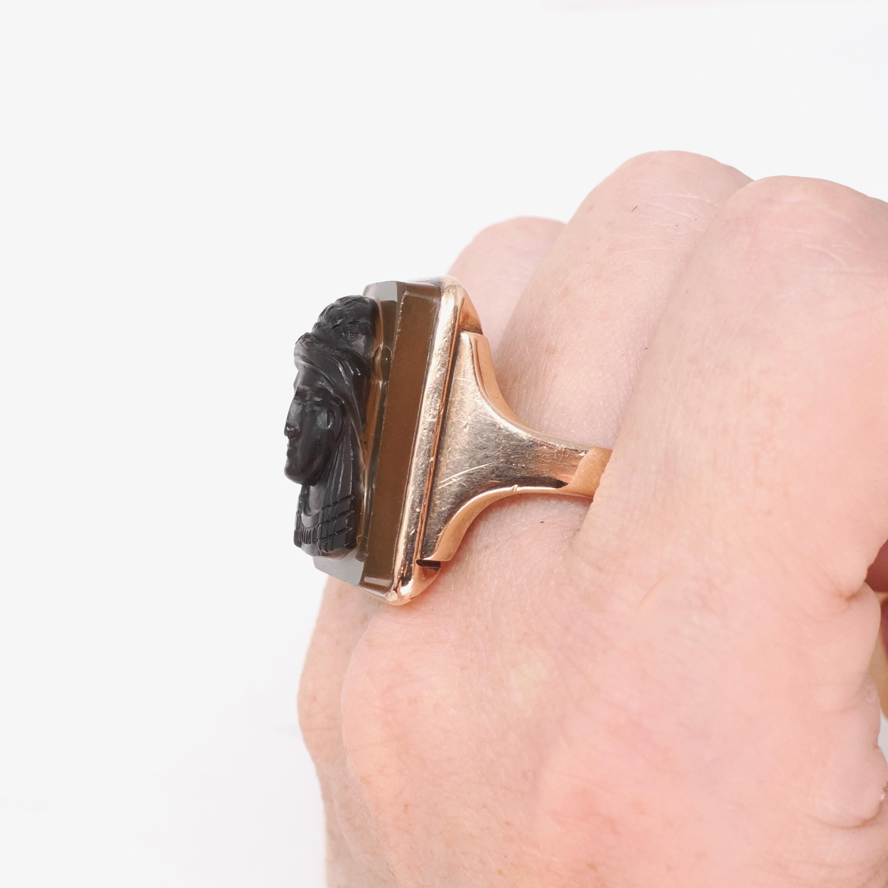 Victorian Cameo Ring - Antique 14k Rose Gold Egyptian Figure Carved Brown Black Agate - Circa 1890s Era Size 11 Fine Unisex Revival Jewelry