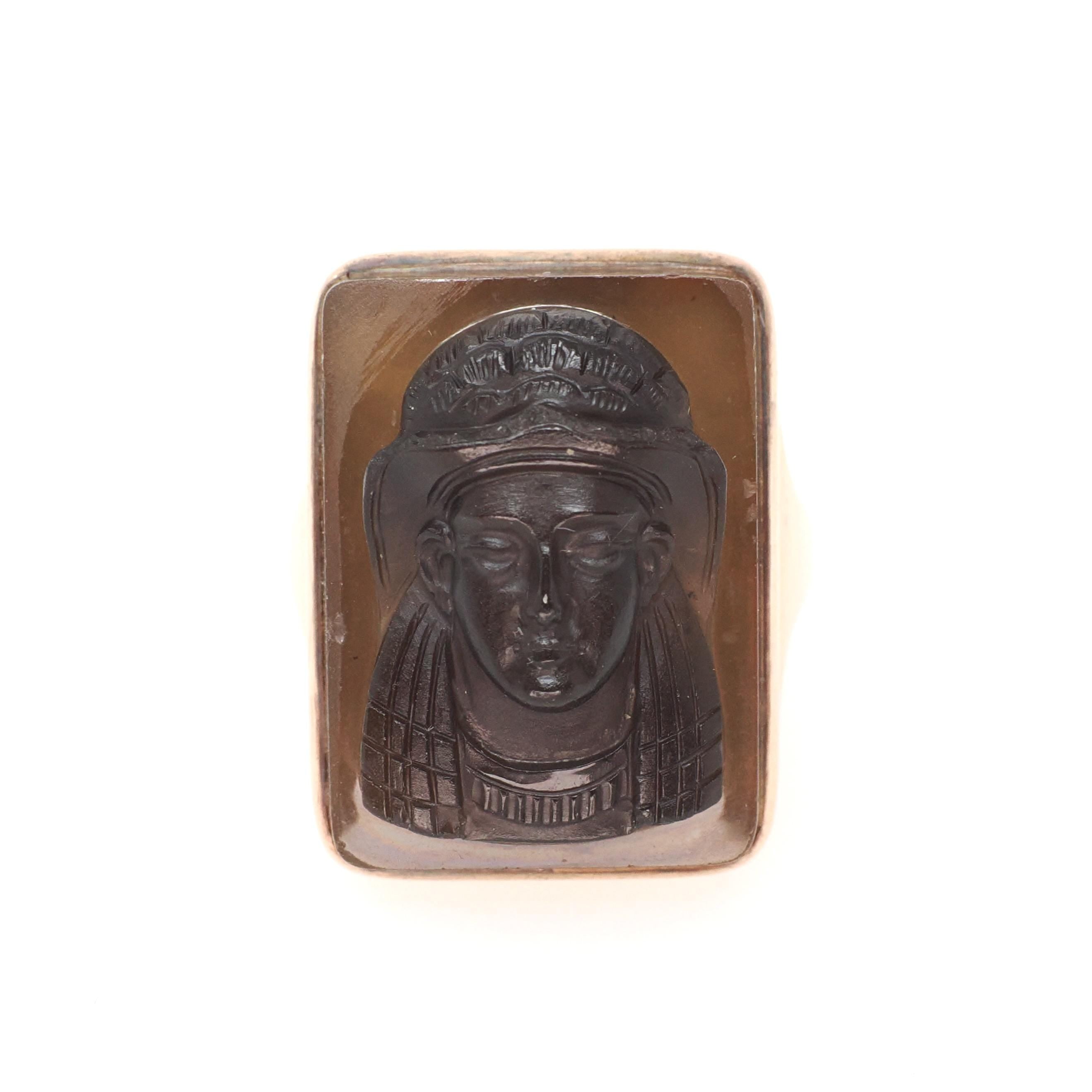 Victorian Cameo Ring - Antique 14k Rose Gold Egyptian Figure Carved Brown Black Agate - Circa 1890s Era Size 11 Fine Unisex Revival Jewelry