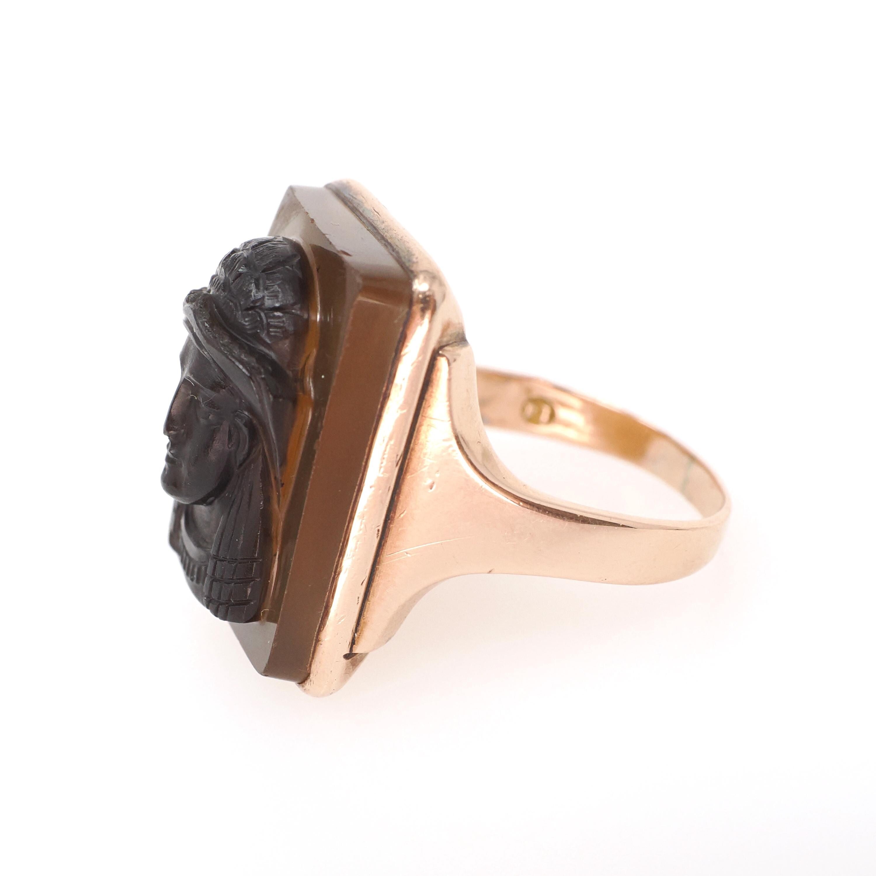 Victorian Cameo Ring - Antique 14k Rose Gold Egyptian Figure Carved Brown Black Agate - Circa 1890s Era Size 11 Fine Unisex Revival Jewelry