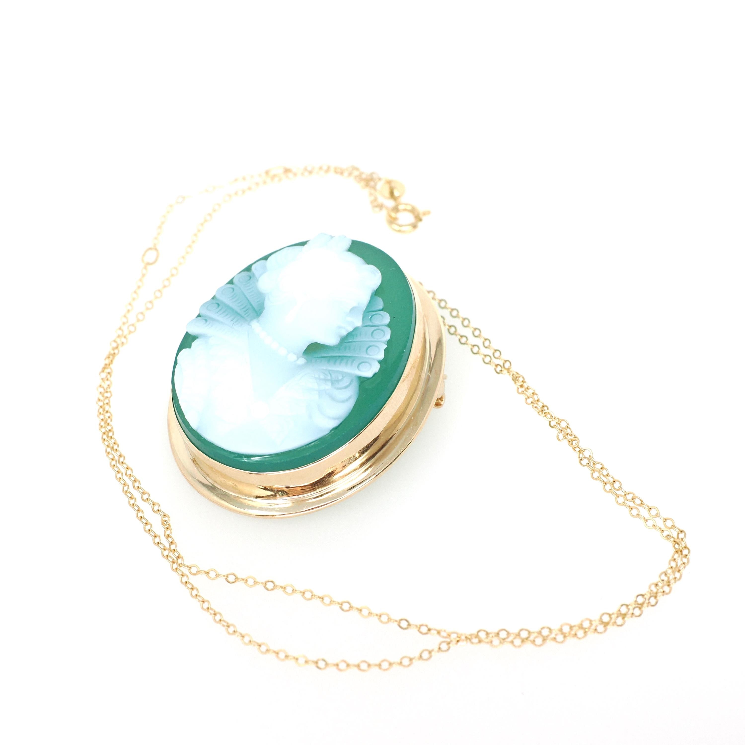 Green Agate Cameo Necklace - Vintage 14k Yellow Gold Chalcedony Gemstone Brooch Pendant - Circa 1960s Renaissance Revival Statement Jewelry
