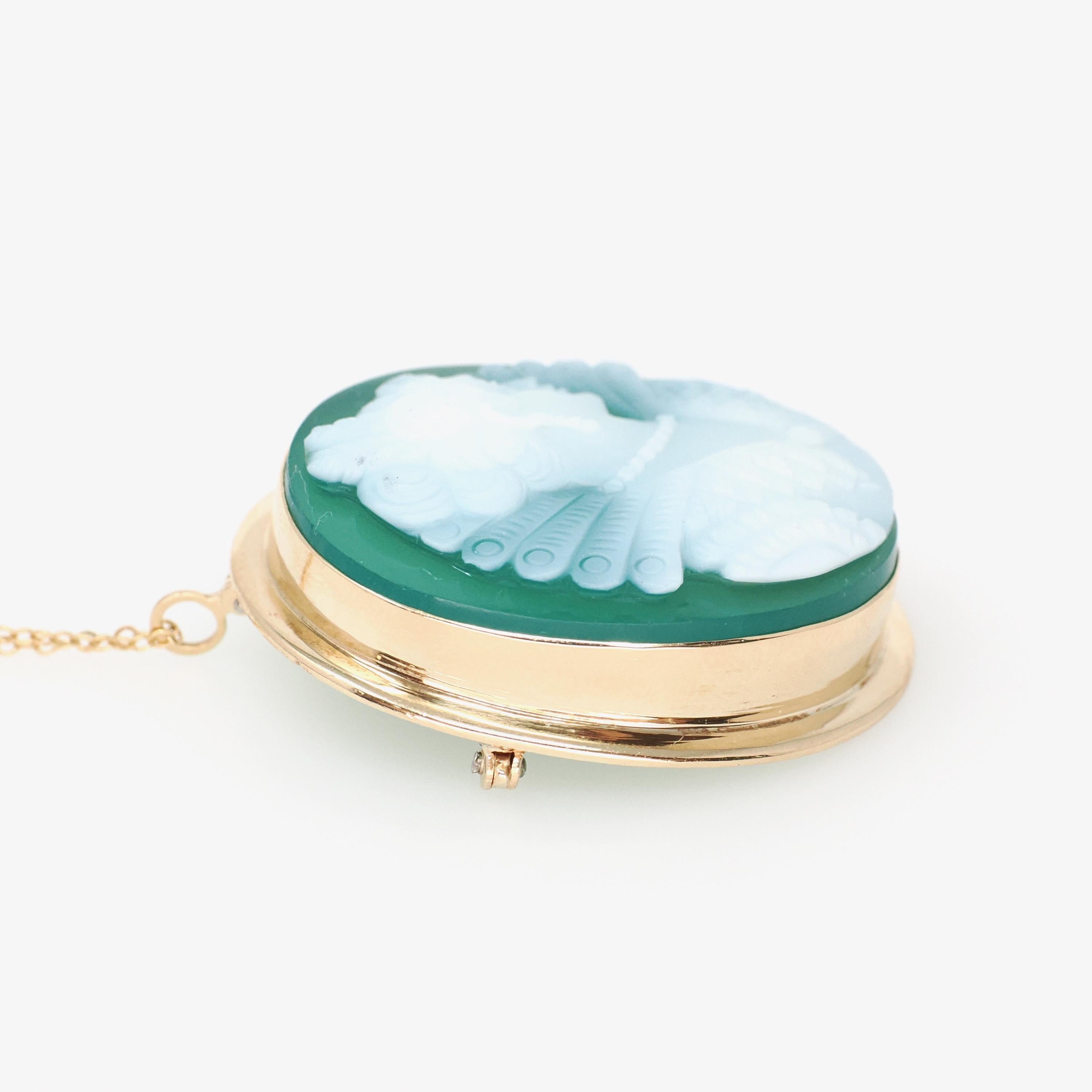 Green Agate Cameo Necklace - Vintage 14k Yellow Gold Chalcedony Gemstone Brooch Pendant - Circa 1960s Renaissance Revival Statement Jewelry