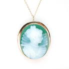 Green Agate Cameo Necklace - Vintage 14k Yellow Gold Chalcedony Gemstone Brooch Pendant - Circa 1960s Renaissance Revival Statement Jewelry