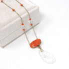 Antique Art Deco Necklace - Carved Rock Crystal Quartz 14k Yellow Gold Orange Coral Gemstone Statement - Circa 1920s Era Fine Beaded Jewelry