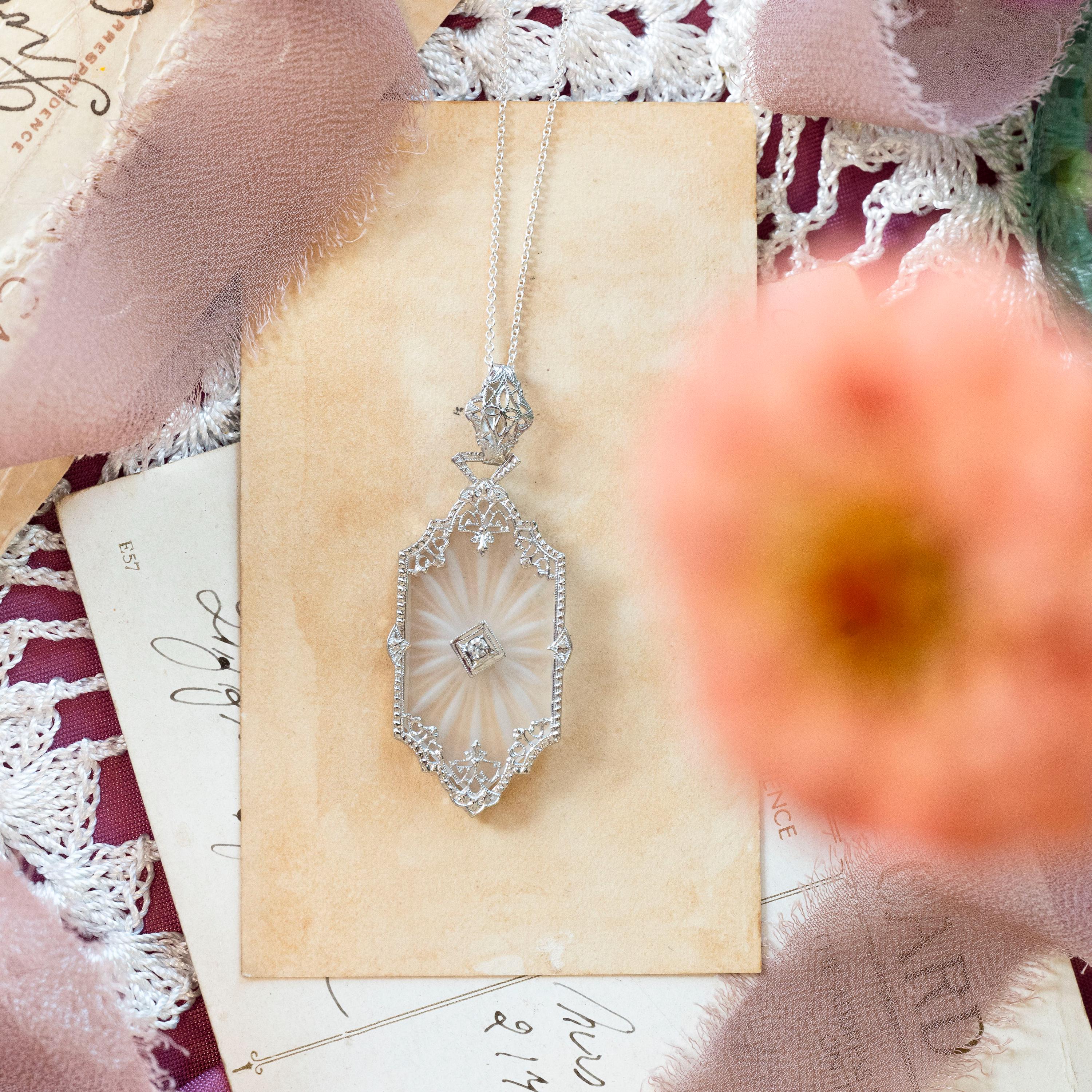 Rock Crystal Quartz Necklace - Art Deco 14k White Gold Natural .04 CT Diamond Pendant - Vintage Circa 1930s Era Statement Filigree Jewelry