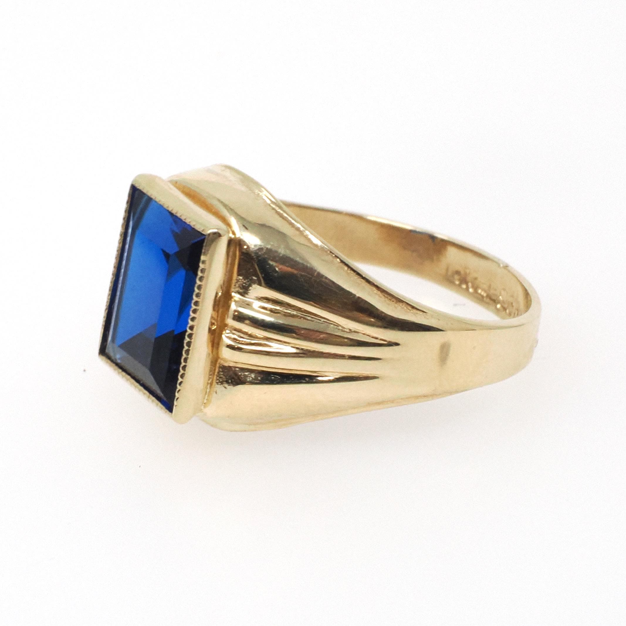 Vintage Created Spinel Ring - Mid Century 10k Yellow Gold Rectangular Step Cut 2.15 CT Blue Stone - Circa 1960s Era Size 5 Statement Jewelry
