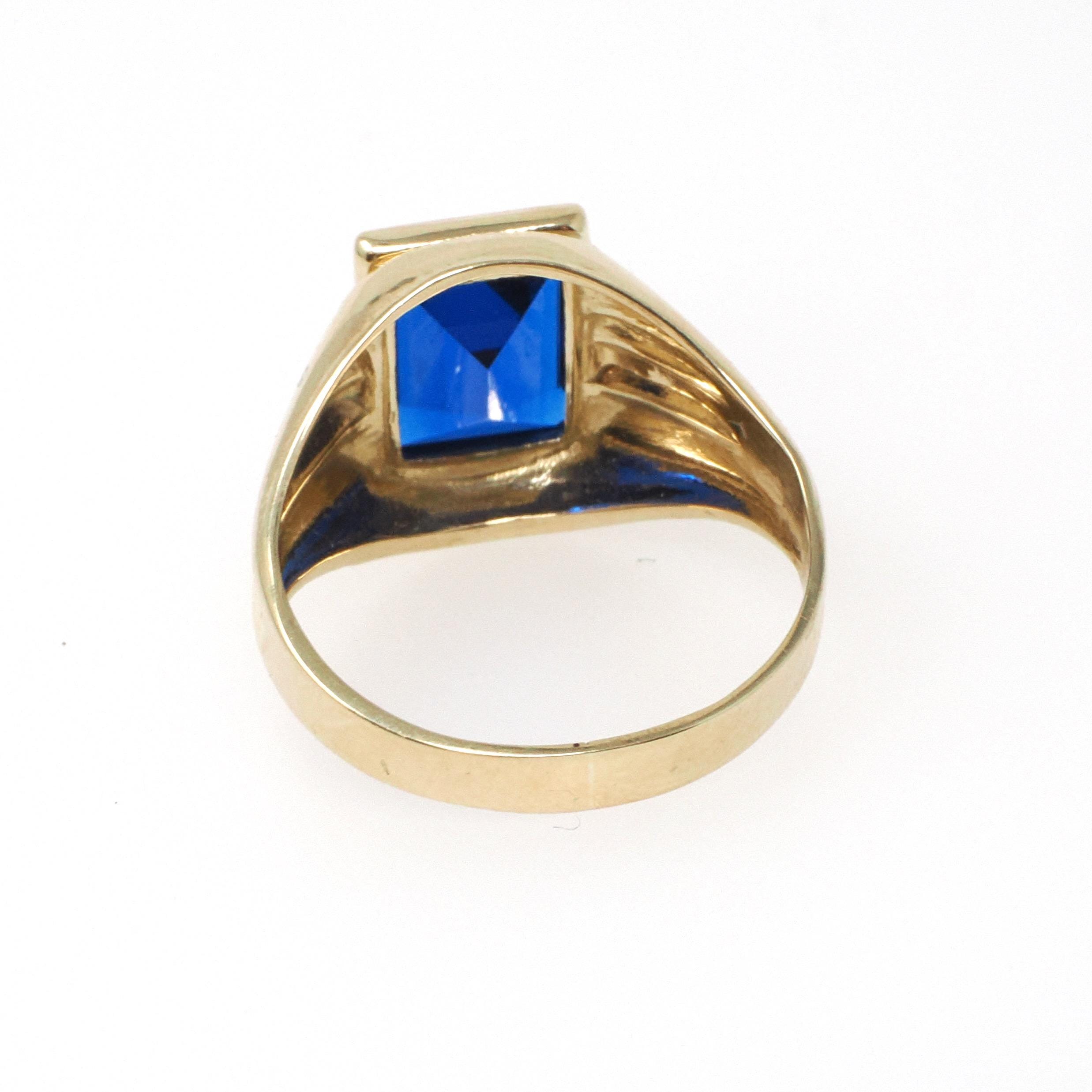 Vintage Created Spinel Ring - Mid Century 10k Yellow Gold Rectangular Step Cut 2.15 CT Blue Stone - Circa 1960s Era Size 5 Statement Jewelry