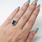 Vintage Created Spinel Ring - Mid Century 10k Yellow Gold Rectangular Step Cut 2.15 CT Blue Stone - Circa 1960s Era Size 5 Statement Jewelry