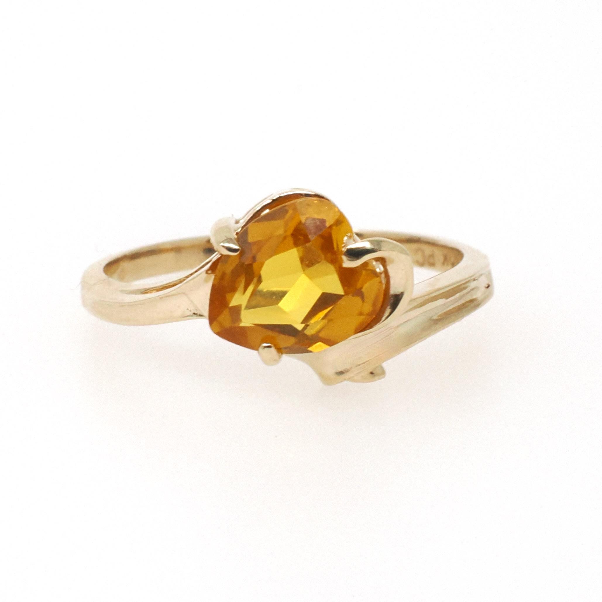 Created Yellow Sapphire Ring - Modernist 10k Yellow Gold Heart Cut Stone - Vintage Circa 1970s Size 6 1/4 Asymmetrical Style Fine Jewelry