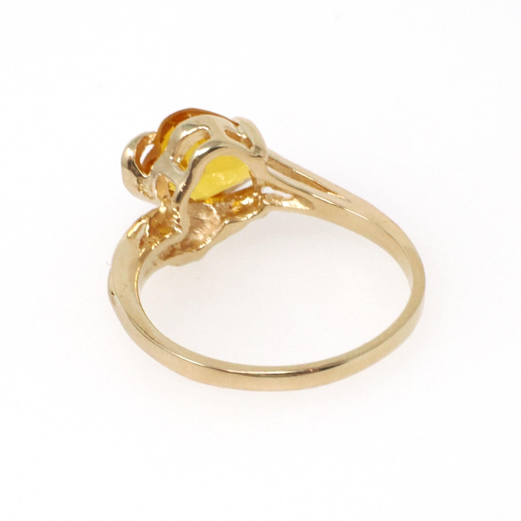Created Yellow Sapphire Ring - Modernist 10k Yellow Gold Heart Cut Stone - Vintage Circa 1970s Size 6 1/4 Asymmetrical Style Fine Jewelry