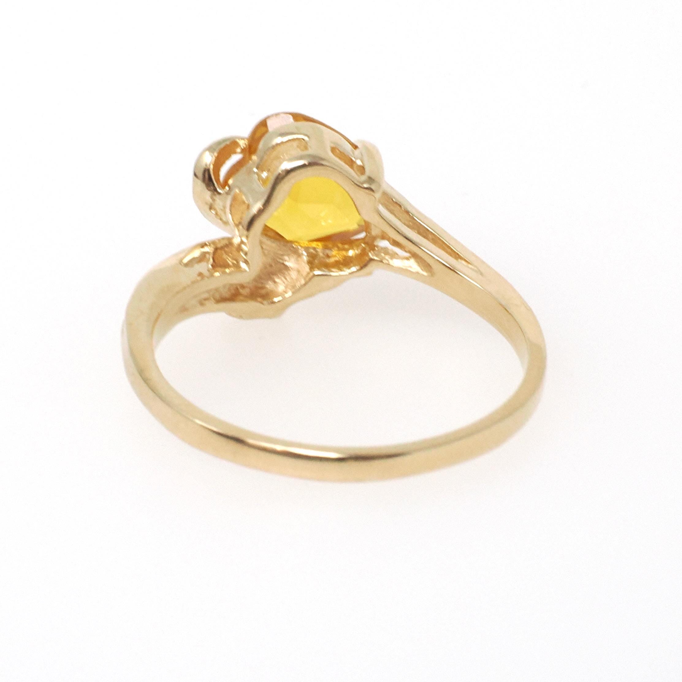 Created Yellow Sapphire Ring - Modernist 10k Yellow Gold Heart Cut Stone - Vintage Circa 1970s Size 6 1/4 Asymmetrical Style Fine Jewelry