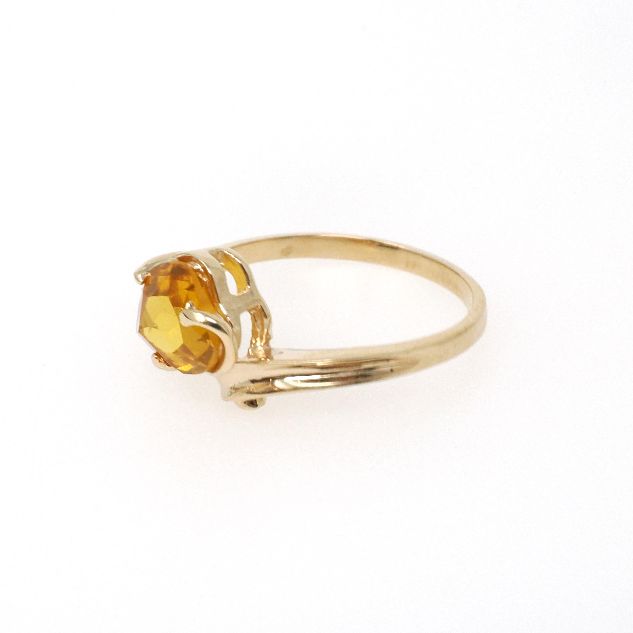 Created Yellow Sapphire Ring - Modernist 10k Yellow Gold Heart Cut Stone - Vintage Circa 1970s Size 6 1/4 Asymmetrical Style Fine Jewelry