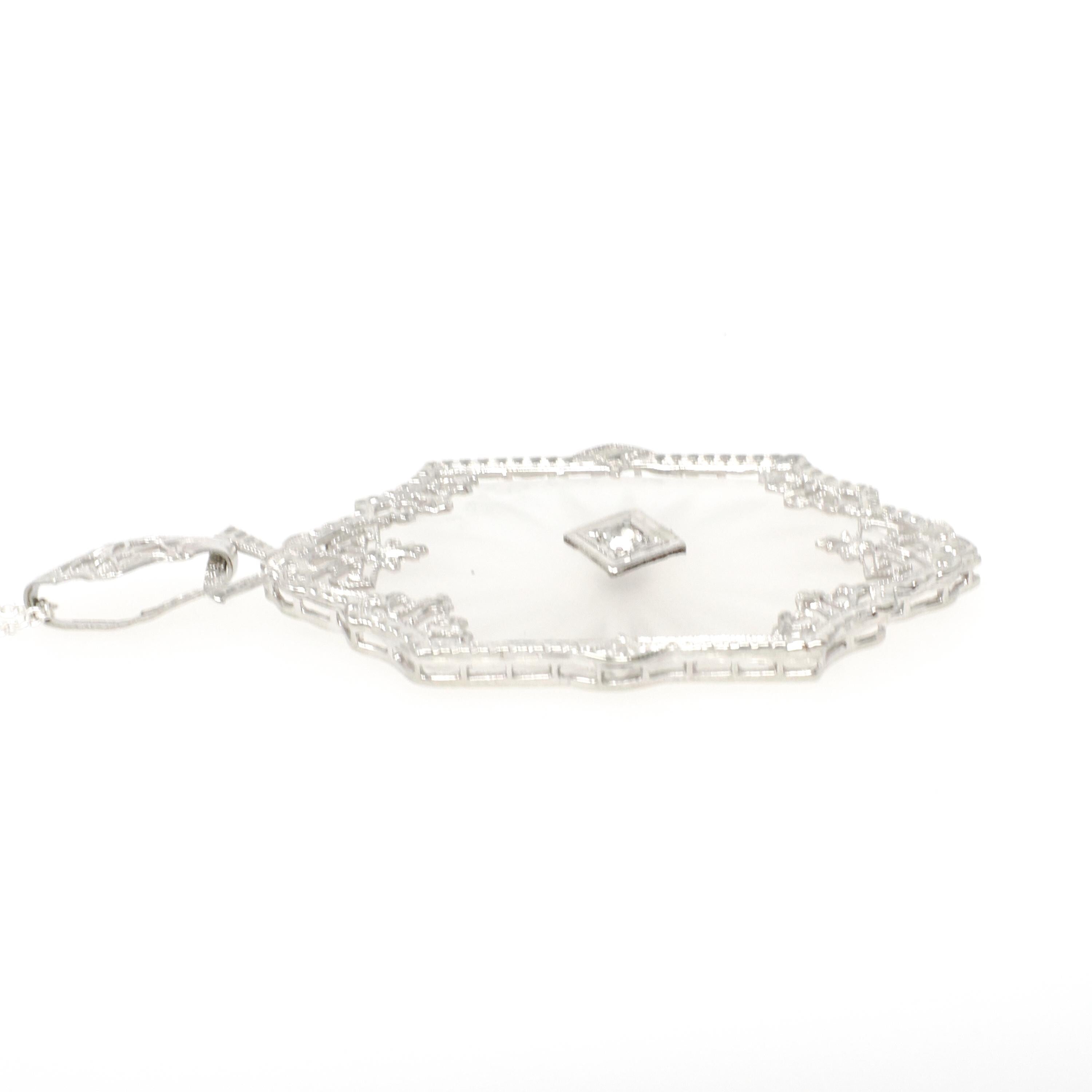 Rock Crystal Quartz Necklace - Art Deco 14k White Gold Natural .04 CT Diamond Pendant - Vintage Circa 1930s Era Statement Filigree Jewelry