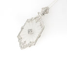 Rock Crystal Quartz Necklace - Art Deco 14k White Gold Natural .04 CT Diamond Pendant - Vintage Circa 1930s Era Statement Filigree Jewelry