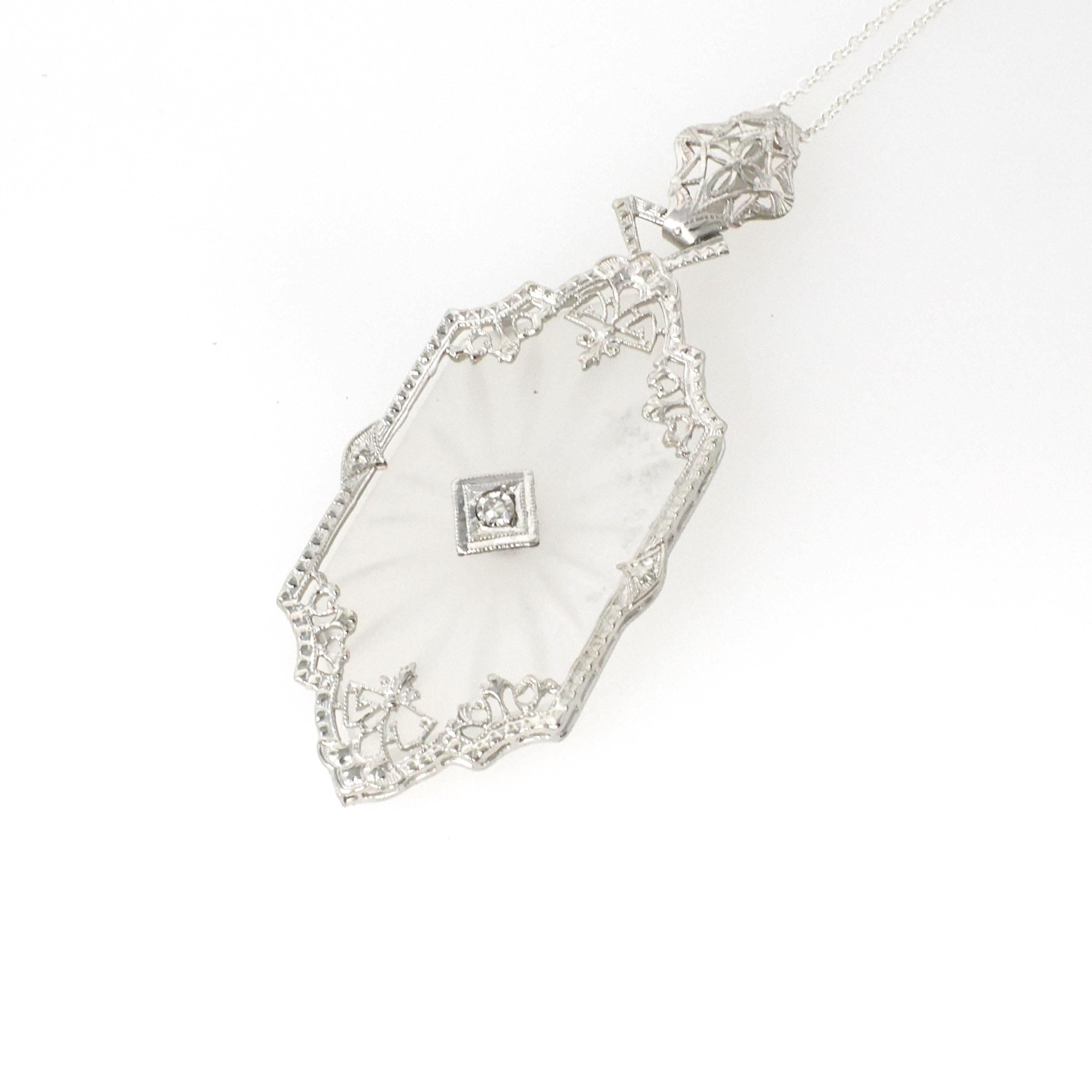 Rock Crystal Quartz Necklace - Art Deco 14k White Gold Natural .04 CT Diamond Pendant - Vintage Circa 1930s Era Statement Filigree Jewelry