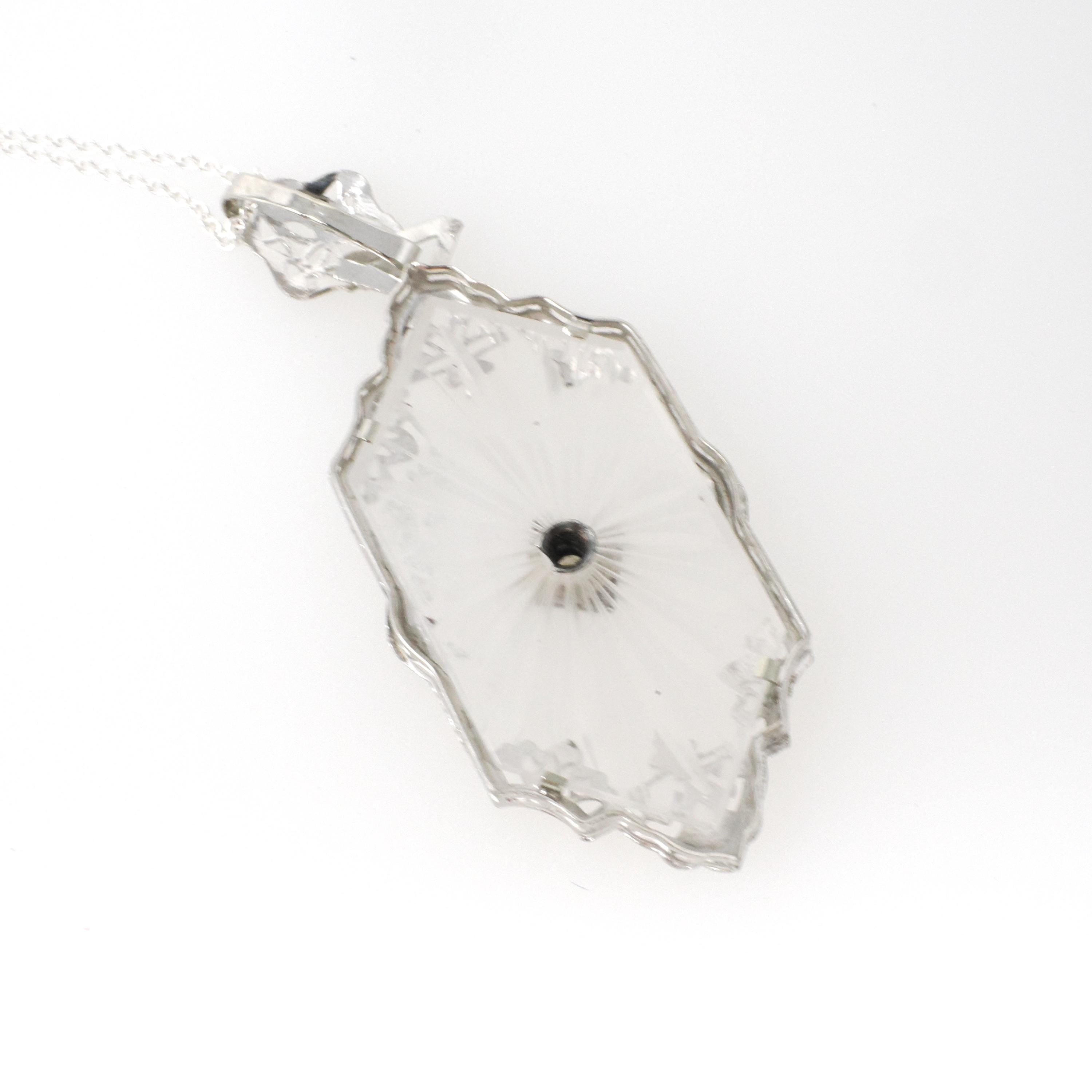 Rock Crystal Quartz Necklace - Art Deco 14k White Gold Natural .04 CT Diamond Pendant - Vintage Circa 1930s Era Statement Filigree Jewelry