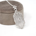 Rock Crystal Quartz Necklace - Art Deco 14k White Gold Natural .04 CT Diamond Pendant - Vintage Circa 1930s Era Statement Filigree Jewelry
