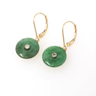 Vintage Jadeite Earrings - Modernist 14k Yellow Gold Round Disc Green Gem Lever Back - Circa 1970s Pierced Ears Diamond Accent Fine Jewelry