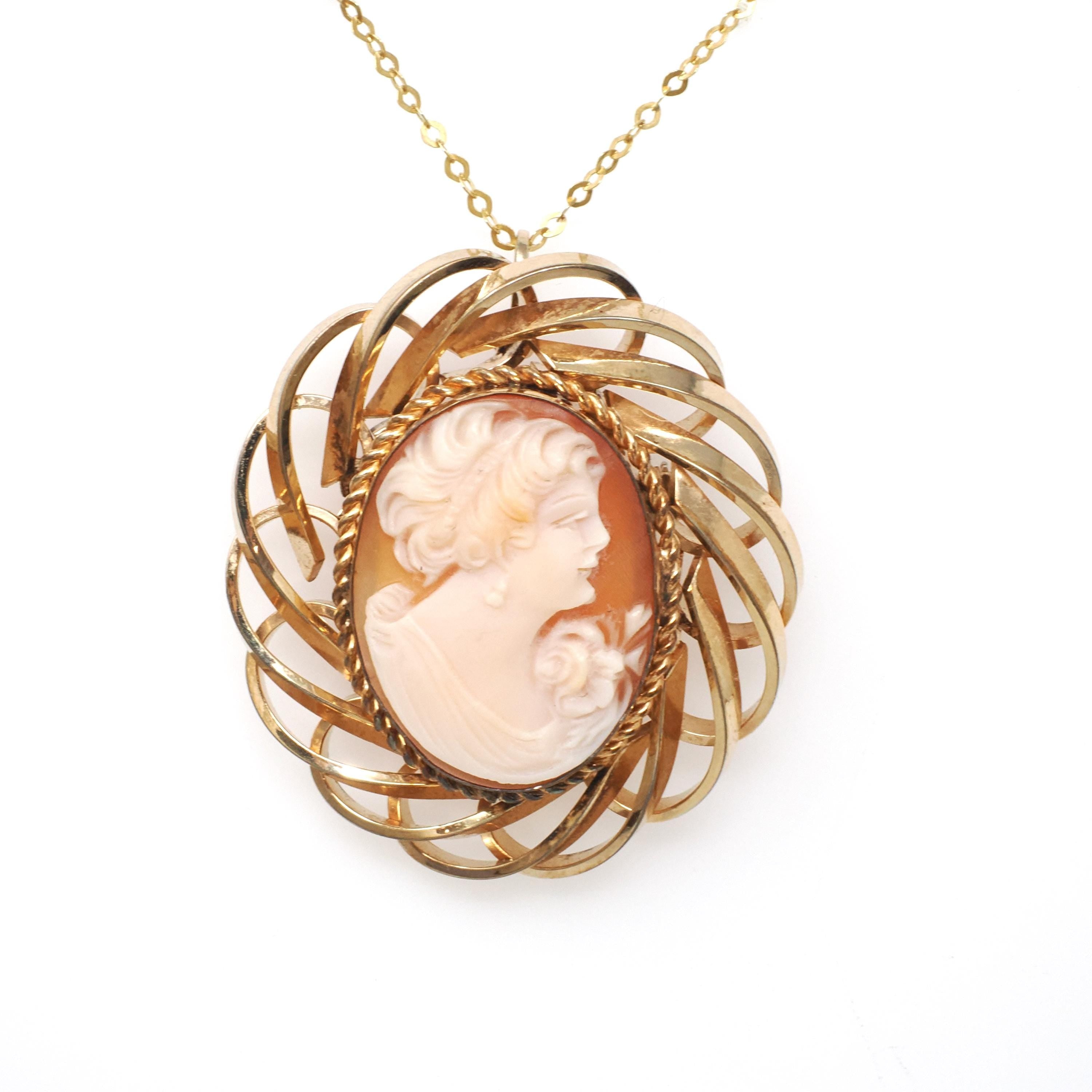 Vintage Cameo Necklace - Mid Century Gold Filled Carved Shell Woman's Profile Brooch Charm - Circa 1960s Era Statement Pendant Fine Jewelry