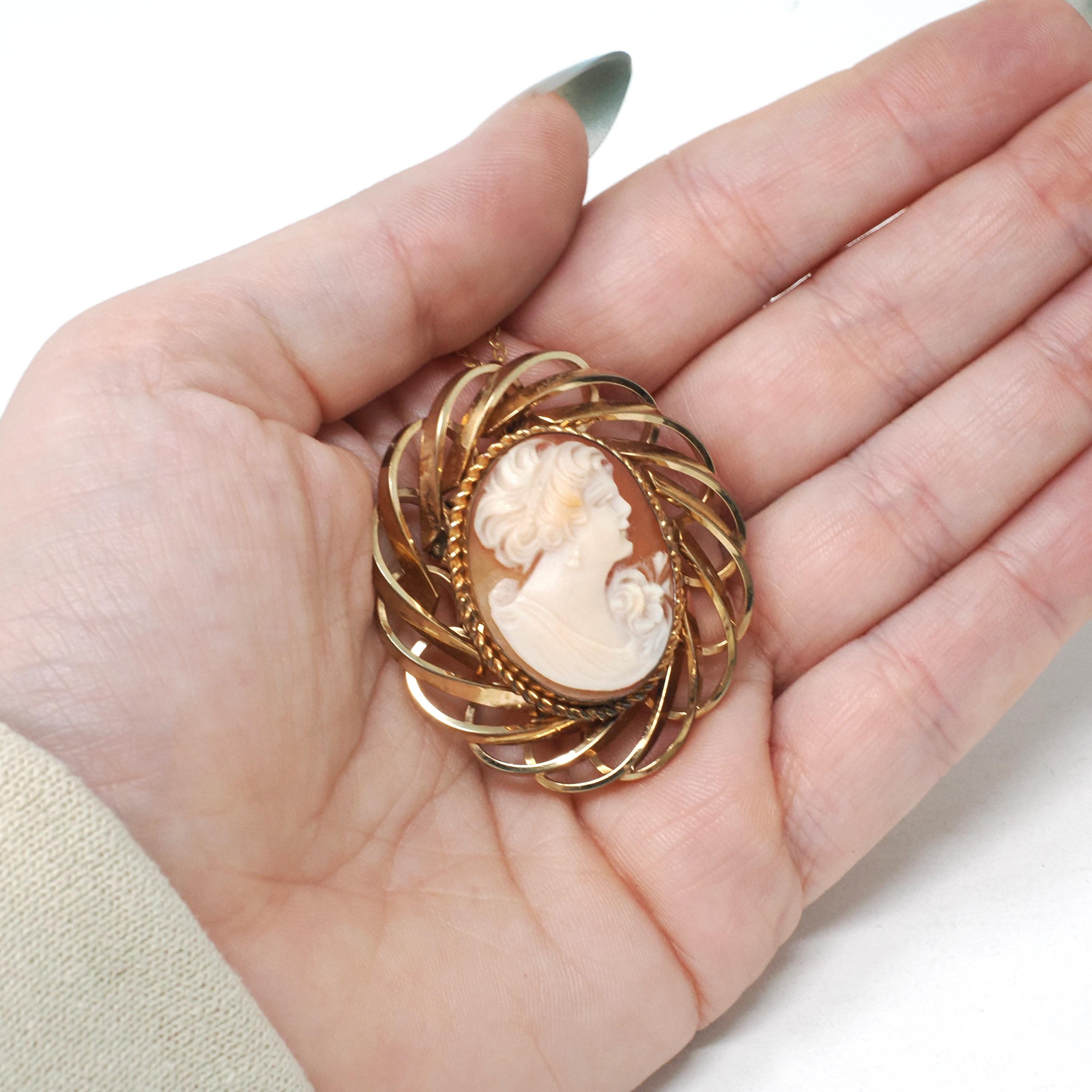 Vintage Cameo Necklace - Mid Century Gold Filled Carved Shell Woman's Profile Brooch Charm - Circa 1960s Era Statement Pendant Fine Jewelry