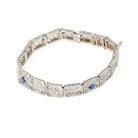 Art Deco Bracelet - Vintage 14k White Gold Created Blue Sapphire & Natural Diamonds - Circa 1930s 7 1/4 Inch Wide Filigree Link Fine Jewelry