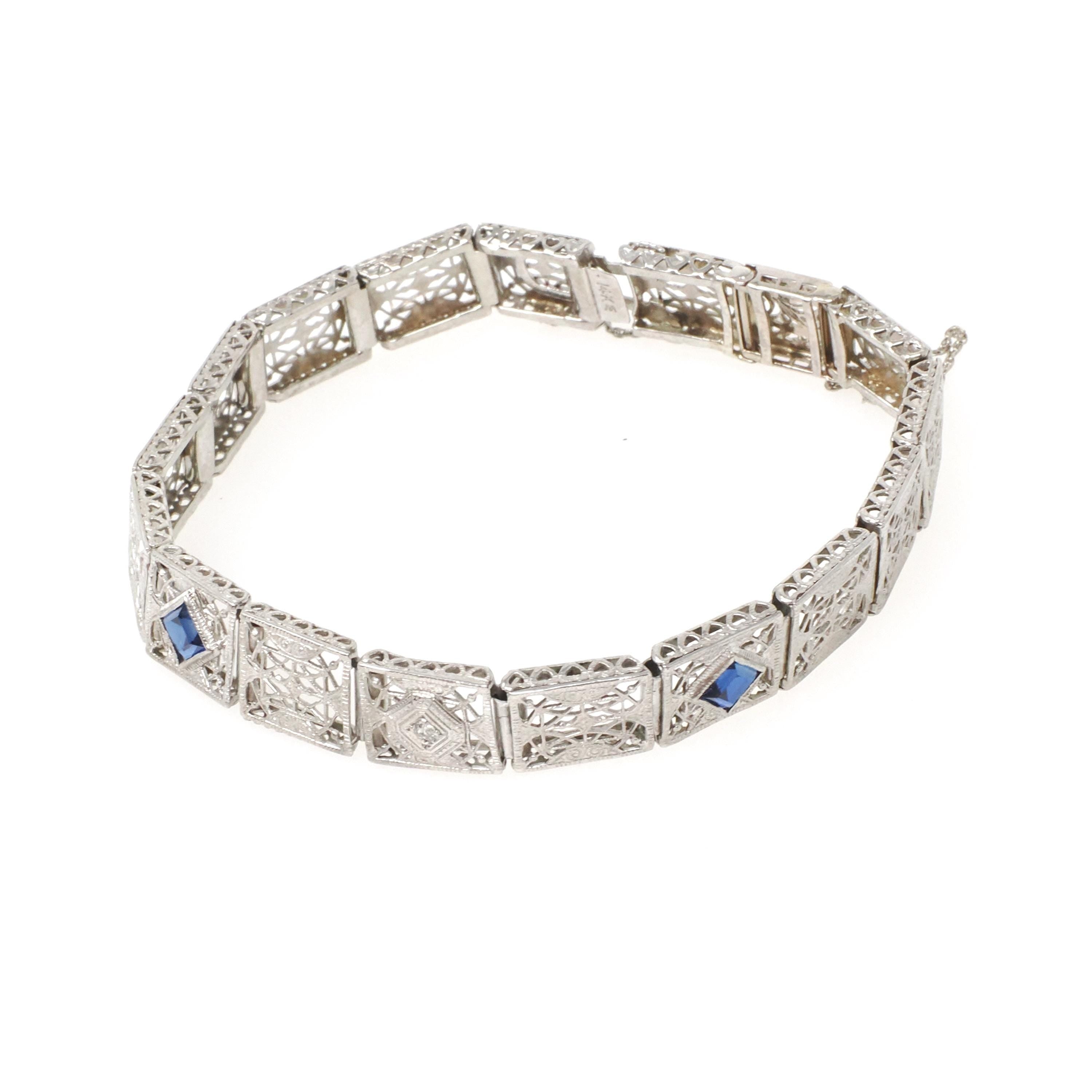 Art Deco Bracelet - Vintage 14k White Gold Created Blue Sapphire & Natural Diamonds - Circa 1930s 7 1/4 Inch Wide Filigree Link Fine Jewelry