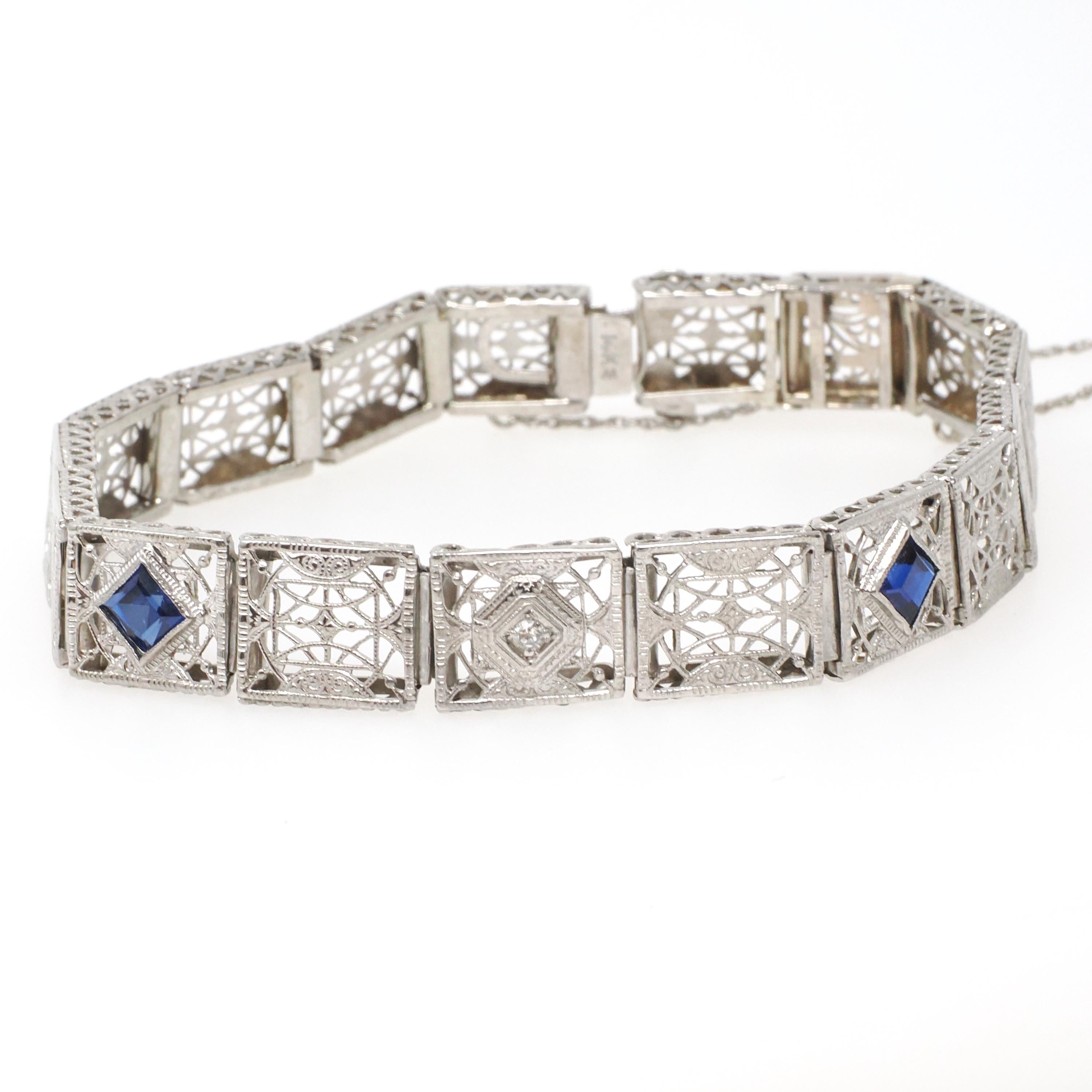 Art Deco Bracelet - Vintage 14k White Gold Created Blue Sapphire & Natural Diamonds - Circa 1930s 7 1/4 Inch Wide Filigree Link Fine Jewelry