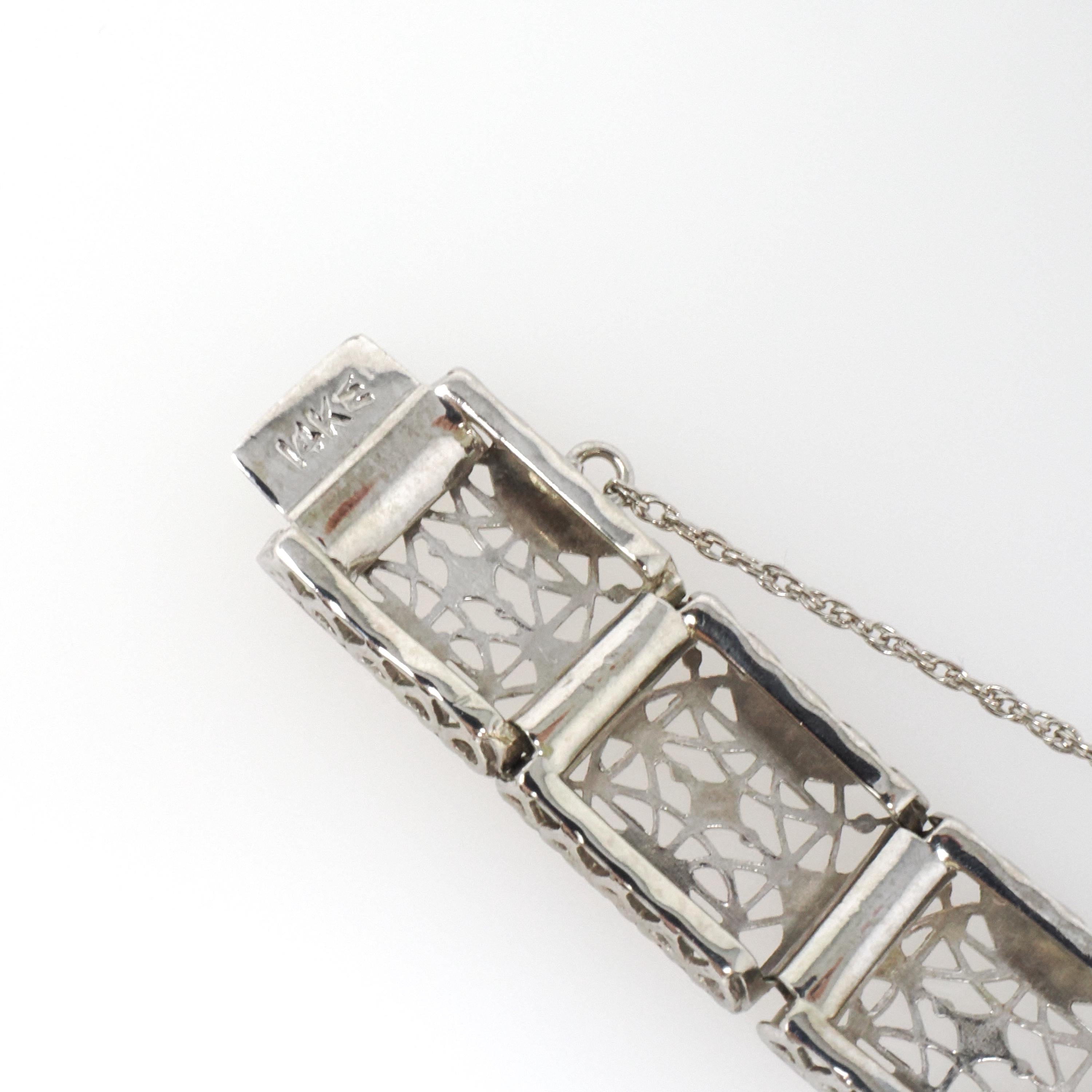 Art Deco Bracelet - Vintage 14k White Gold Created Blue Sapphire & Natural Diamonds - Circa 1930s 7 1/4 Inch Wide Filigree Link Fine Jewelry