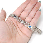 Art Deco Bracelet - Vintage 14k White Gold Created Blue Sapphire & Natural Diamonds - Circa 1930s 7 1/4 Inch Wide Filigree Link Fine Jewelry