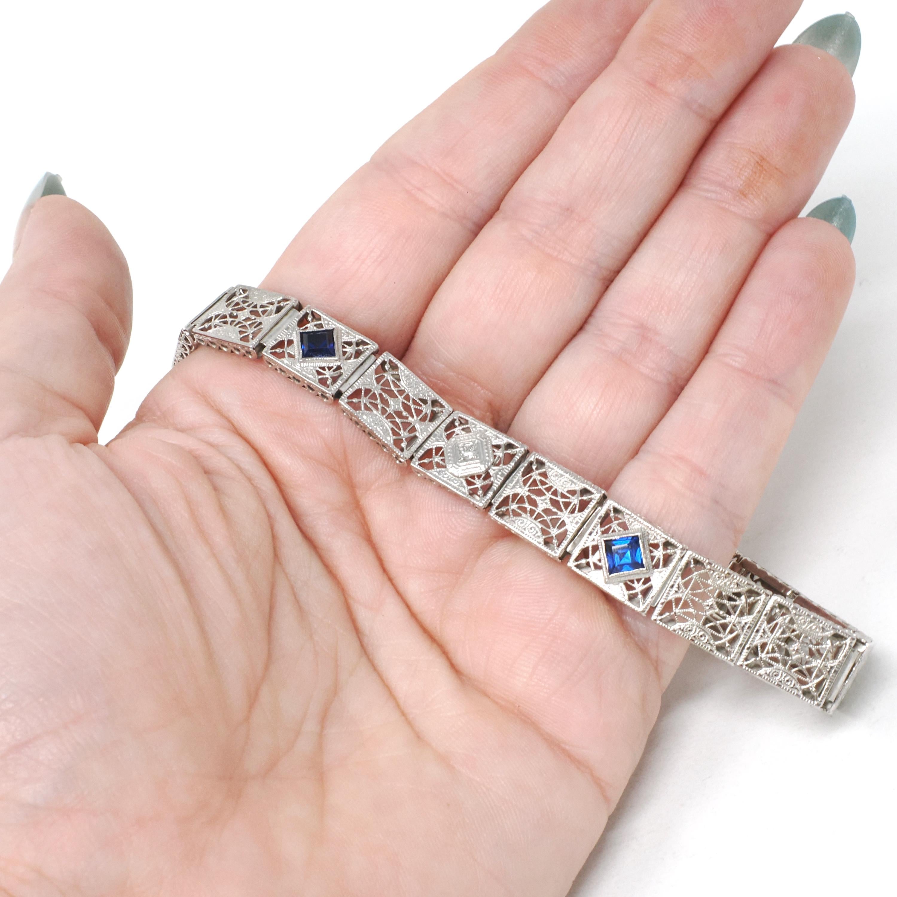 Art Deco Bracelet - Vintage 14k White Gold Created Blue Sapphire & Natural Diamonds - Circa 1930s 7 1/4 Inch Wide Filigree Link Fine Jewelry