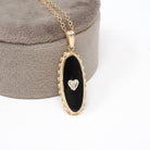 Onyx & Diamond Pendant - Mid Century 14k Yellow Gold Black Chalcedony Gemstone Necklace - Vintage Circa 1960s Charm Fine Statement Jewelry